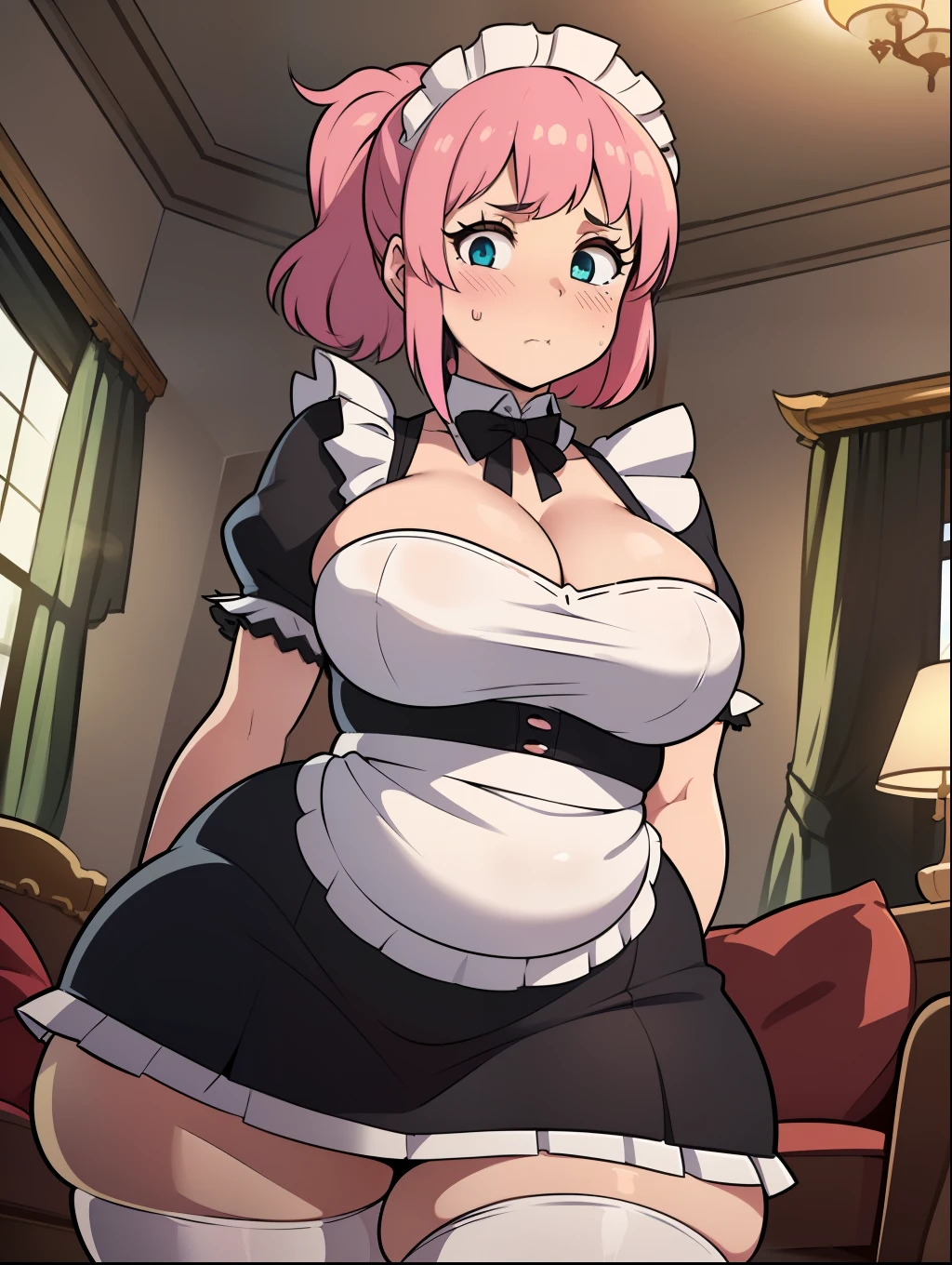 (((kipteitei art))), ((masterpiece)), (((best quality))), ((ultra-detailed)), (((illustration))), detailed face, detailed body, ((1girl)), ((solo)), ((Line art)), (in the style of cell shaded), (vivid colors), , pink hair, medium hair, ponytail, (((fluffy hair))), looking at viewer, cowboy shot, blush, embarrassed look, shy, arms behind back, (((french maid dress))), maid, apron, fluffy skirt, thigh highs, thigh high supenders, (((tight skirt))), (((tight clothes))), , cleavage, sagging , (((wide ))), (((((thick thighs))))), (Plump), (chubby belly), ((fat rolls)), she has a jiggly belly, ((standing in mansion living room)),