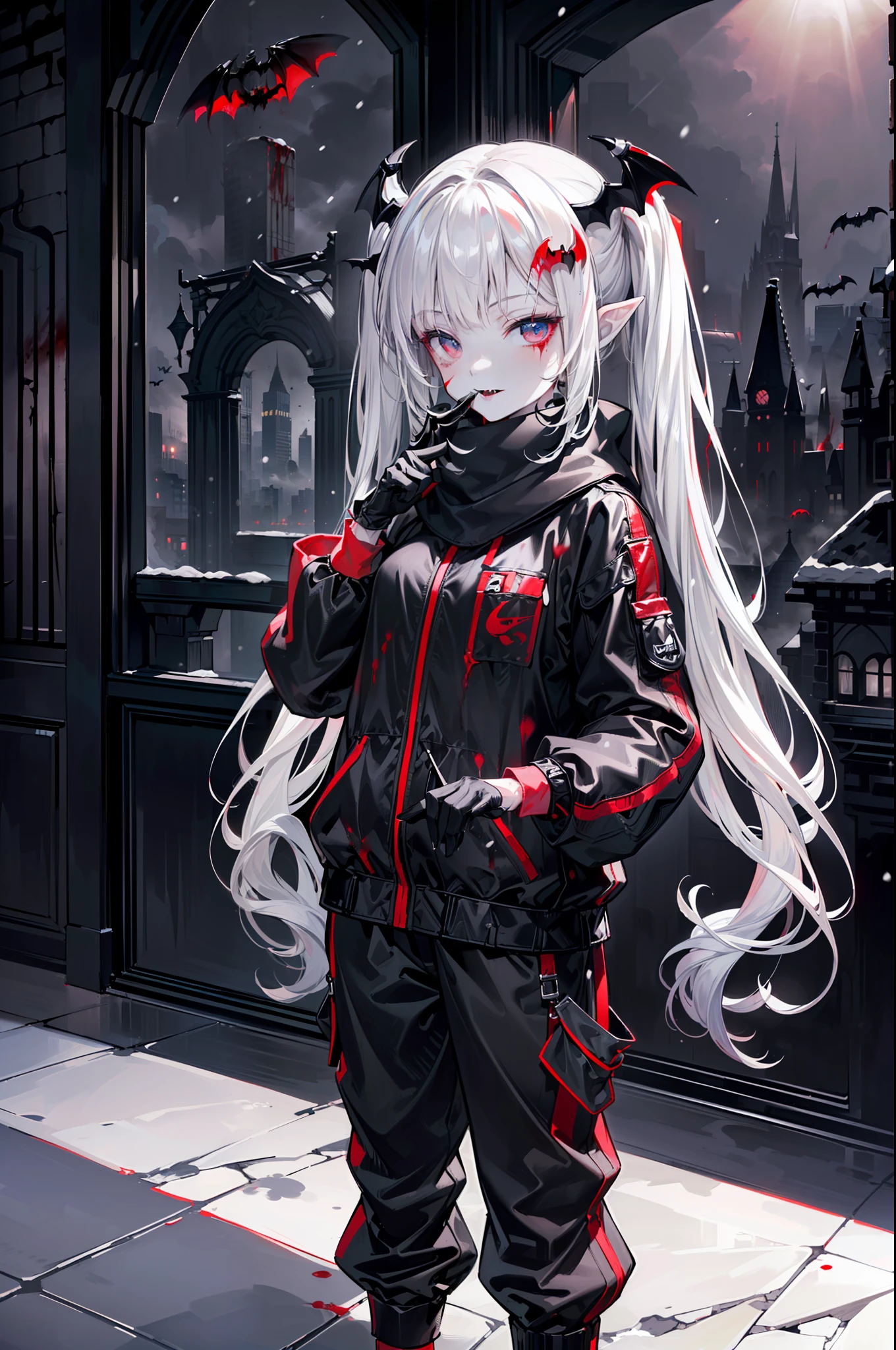 ((masterpiece, best quality, extremely detailed CG, unity 8k wallpaper,anatomically correct,ultra resolution)),Award-winning photography,(best illumination,Very Delicate and Beautiful),(one girl,solo,li:1.5),(Vampire:1.45),silver hair,(twintails:1.2),glowing red eyes,(pale skin:1.45),(extremely beautiful and detailed face:1.2), (extremely beautiful and detailed eyes:1.2),perfect hands,delicate legs,((bat hair ornament)),(graceful,fashion),pointy ears,((Down Jackets:1.4,cotton trousers,nike sports shoes,black leather gloves,scarf)),looking at viewer,hand to own mouth,head tilt,(morbid smile:1.3),dark persona,evil,(cute:1.5),((night, dark atmosphere, dark theme, darkness:1.5)),dramatic shadows,(dimly lit:1.5),blood on face,blood on floor, blood on walls,(blood mist,blood splash:1.4),depth of field,(Bustling city:1.2,snow:1.3),cloudy sky,snowing,skyline,(perfect human body structure with maximum precision)