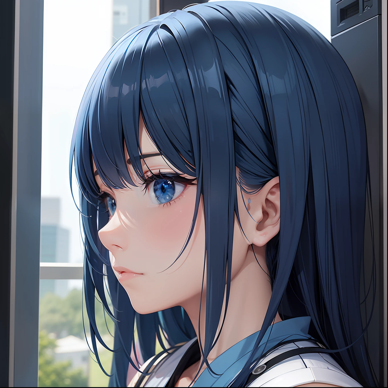 Profile picture blue bangs hair man closeup Sci-Fi cute Anime Japan 2d Sharp focus 16k resolution Very sharp, Hyper detailed, 8k, Hyper realistic detail