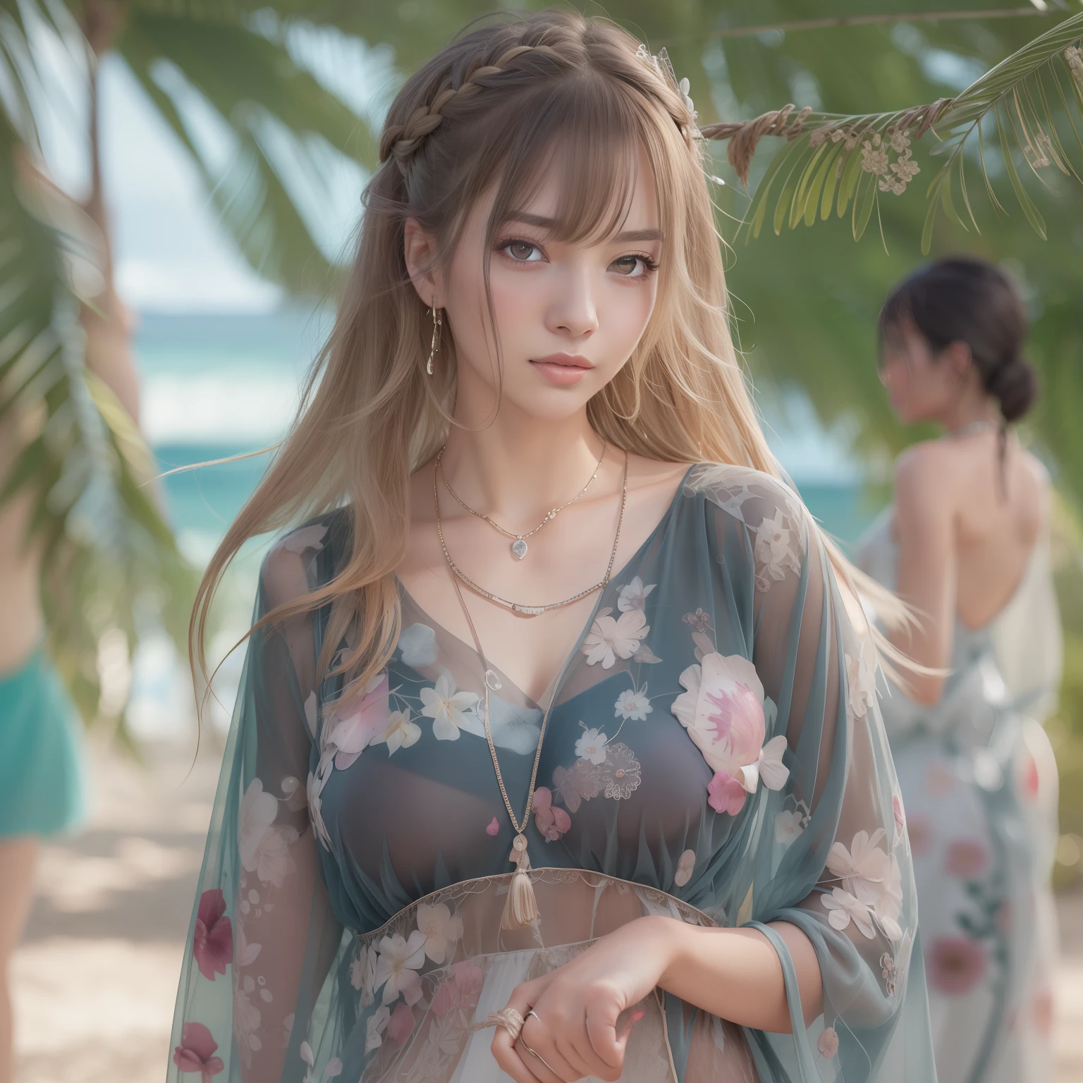 garments:Wet and translucent dress,and strappy sandals、 accessory:shell necklace、 The hair:Wet ponytail、 make - up:natural, Glowing skin、Wearing sweat, BEReaction:relax、Free-spirited、 The location:the beach、Resort、outdoor festival、big breaks,8K, (Raw photo: 1.2), (Realism: 1.4), (masutepiece: 1.3), (exquisite detailing: 1.2), Delicate and beautiful details, (Eye Detail), (Facial Detailed), (Highest Quality) :1.4), (Hyper-Resolution: 1.2), cinematric light, (very detailed illustration), (Eyelashes, Best Quality, Super Resolution, depth of fields, Wide light, natural shadows