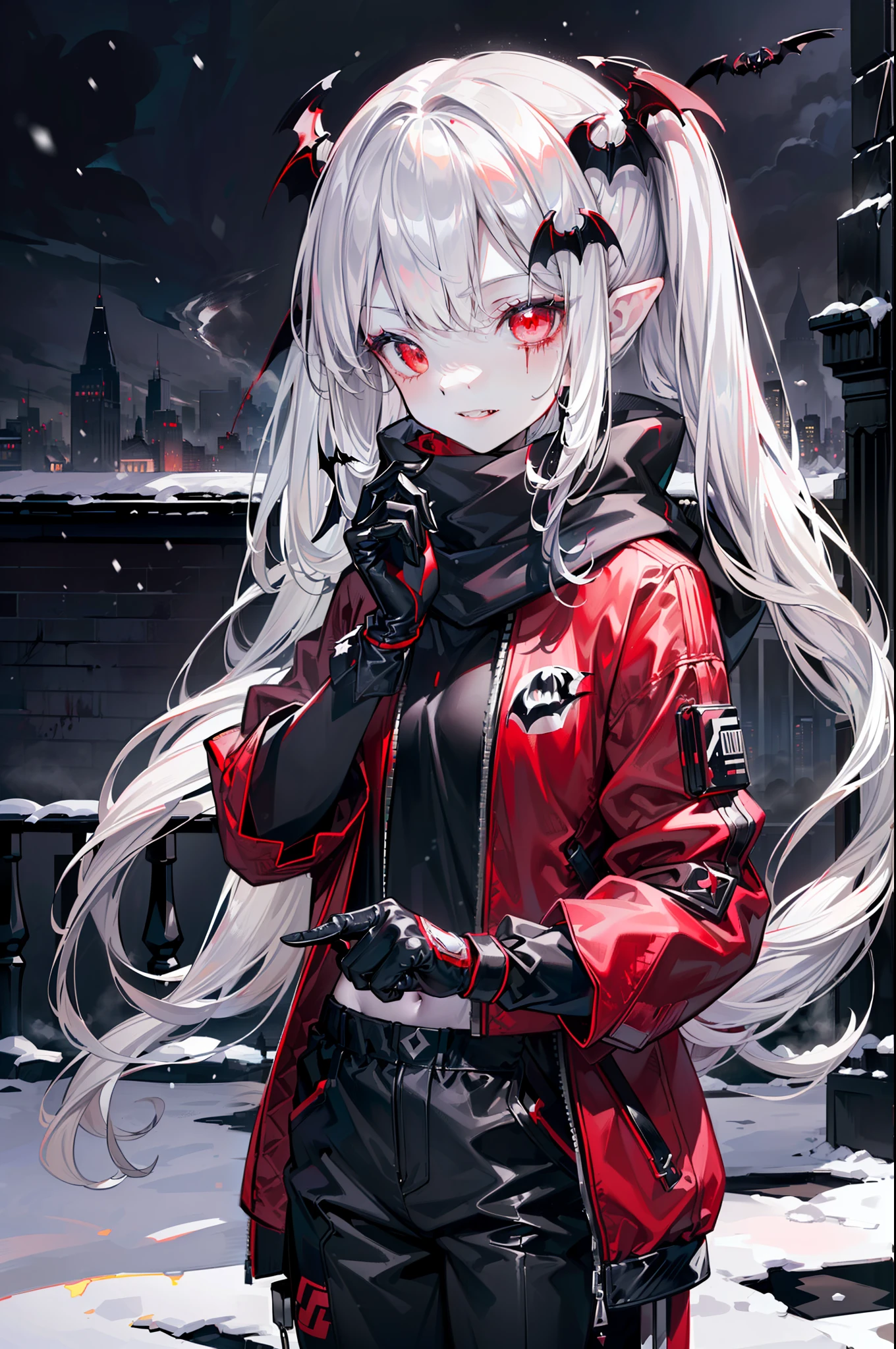 ((masterpiece, best quality, extremely detailed CG, unity 8k wallpaper,anatomically correct,ultra resolution)),Award-winning photography,(best illumination,Very Delicate and Beautiful),(one girl,solo,**li:1.5),(Vampire:1.45),silver hair,(twintails:1.2),glowing red eyes,(pale skin:1.45),(extremely beautiful and detailed face:1.2), (extremely beautiful and detailed eyes:1.2),perfect hands,delicate legs,((bat hair ornament)),(graceful,fashion),pointy ears,((Down Jackets:1.4,cotton trousers,nike sports shoes,black leather gloves,scarf)),looking at viewer,hand to own mouth,head tilt,(morbid smile:1.3),dark persona,evil,(cute:1.5),((night, dark atmosphere, dark theme, darkness:1.5)),dramatic shadows,(dimly lit:1.5),blood on face,blood on floor, blood on walls,(blood mist,blood splash:1.4),depth of field,(Bustling city:1.2,snow:1.3),cloudy sky,snowing,skyline,(perfect human body structure with maximum precision)