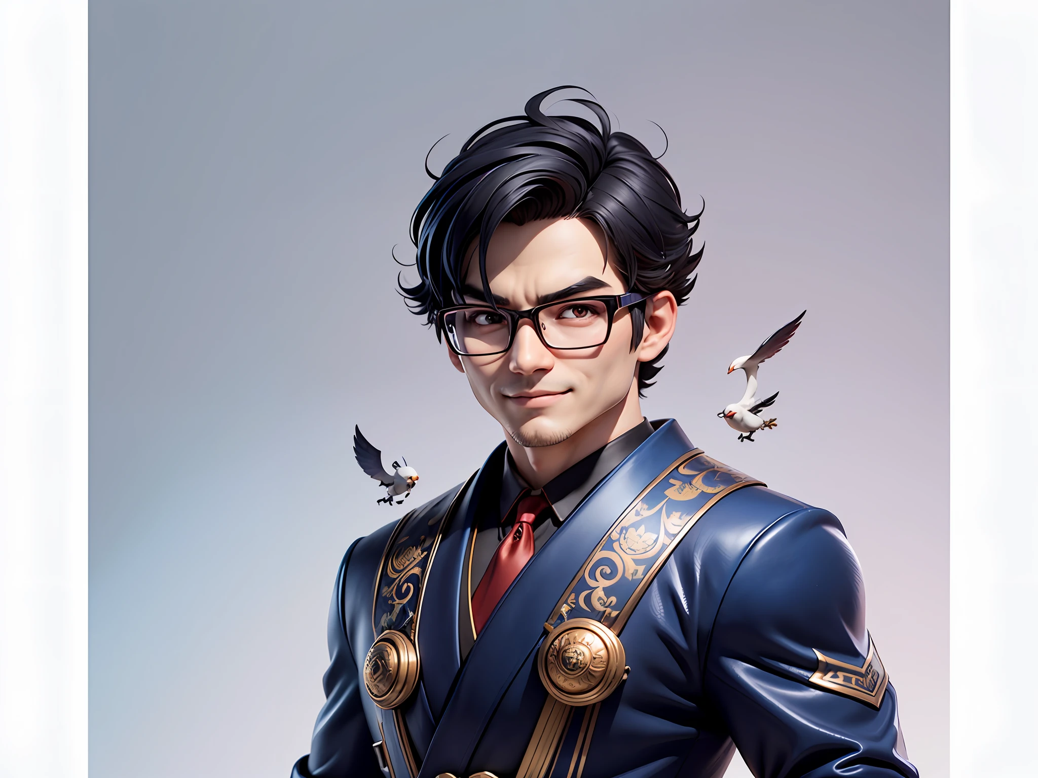 (Masterpiece), (Excellent), (Super Meticulous), (Full Body: 1.2), Super Young Man with Japanese Female Geisha, Pretty, Beautiful, Chinese Dragon, Tiger, Wind God Thor, Sexy, Bursting, Oriental Face, TV Anchor, Bust Portrait Illustration, Black Suit, Blue Tie, Slightly Chubby Face, Silver Glasses, Very Clean Face, No Beard on Chin, Black Super Short Hair, Black Eyes, Confident Smile, 3c Computer Sub-Products, iPad, iPhone, Digital Painting, 3D character design by Mark Clairedon and Pixar and Hayao Miyazaki and Akira Toriyama, the illustrations are HD illustrations in 4K resolution with highly detailed facial features and cartoon-style visuals.
