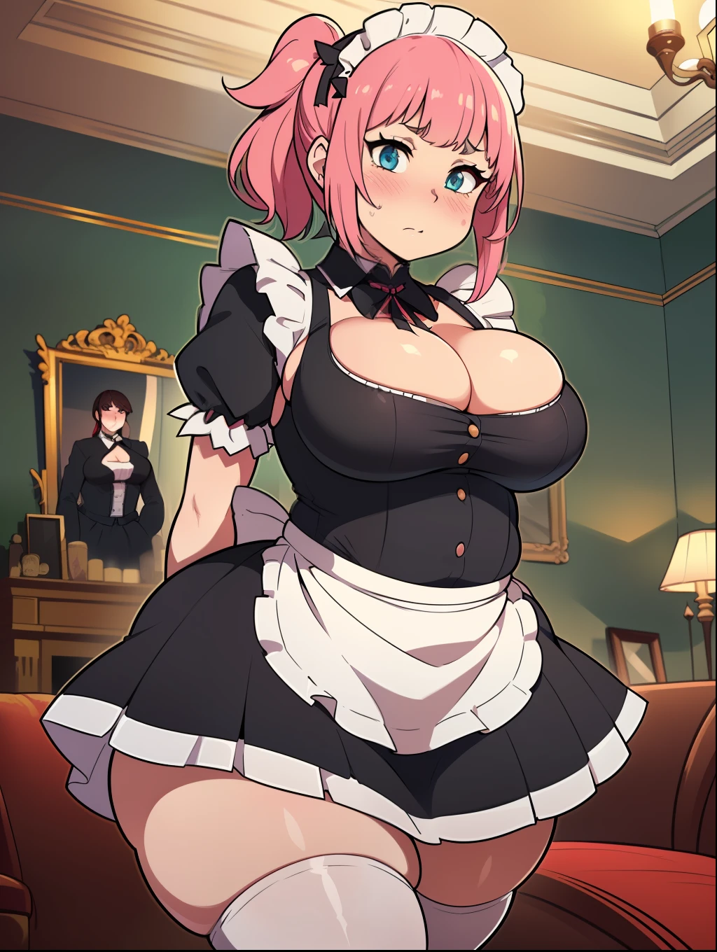 (((kipteitei art))), ((masterpiece)), (((best quality))), ((ultra-detailed)), (((illustration))), detailed face, detailed body, ((1girl)), ((solo)), ((Line art)), (in the style of cell shaded), (vivid colors), skindentation, pink hair, medium hair, ponytail, (((fluffy hair))), looking at viewer, cowboy shot, blush, embarrassed look, shy, arms behind back, (((french maid dress))), maid, apron, fluffy skirt, thigh highs, thigh high supenders, (((tight skirt))), (((tight clothes))), medium breasts, cleavage, sagging breasts, (((wide hips))), (((((thick thighs))))), (Plump), (chubby belly), ((fat rolls)), she has a jiggly belly, ((standing in mansion living room)),