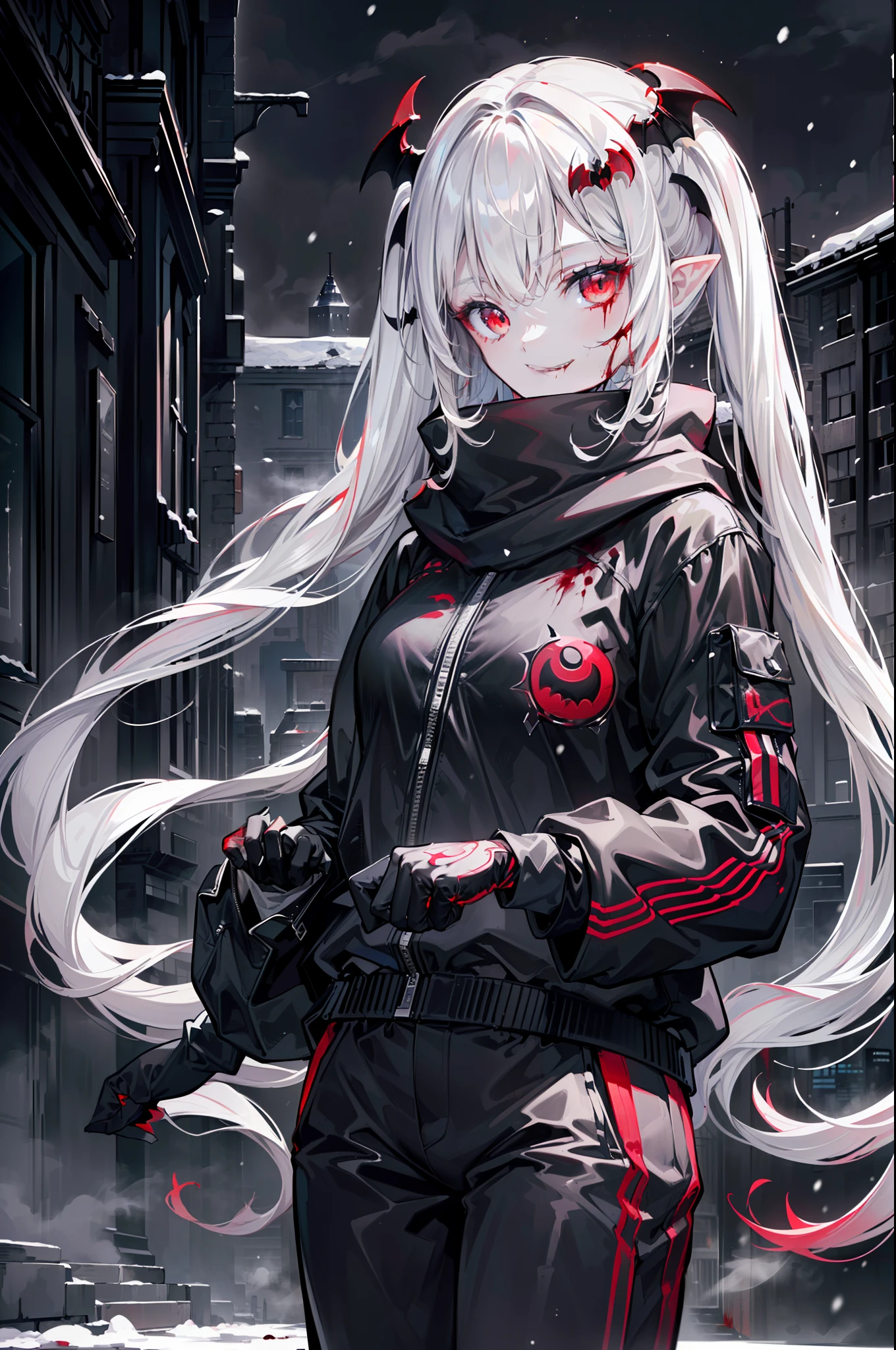 ((masterpiece, best quality, extremely detailed CG, unity 8k wallpaper,anatomically correct,ultra resolution)),Award-winning photography,(best illumination,Very Delicate and Beautiful),(one girl,solo,li:1.5),(Vampire:1.45),silver hair,(twintails:1.2),glowing red eyes,(pale skin:1.45),(extremely beautiful and detailed face:1.2), (extremely beautiful and detailed eyes:1.2),perfect hands,delicate legs,((bat hair ornament)),(graceful,fashion),pointy ears,((Down Jackets:1.4,cotton trousers,nike sports shoes,black leather gloves,scarf)),looking at viewer,hand to own mouth,head tilt,(morbid smile:1.3),dark persona,evil,(cute:1.5),((night, dark atmosphere, dark theme, darkness:1.5)),dramatic shadows,(dimly lit:1.5),blood on face,blood on floor, blood on walls,(blood mist,blood splash:1.4),depth of field,(Bustling city:1.2,snow:1.3),cloudy sky,snowing,skyline,(perfect human body structure with maximum precision)