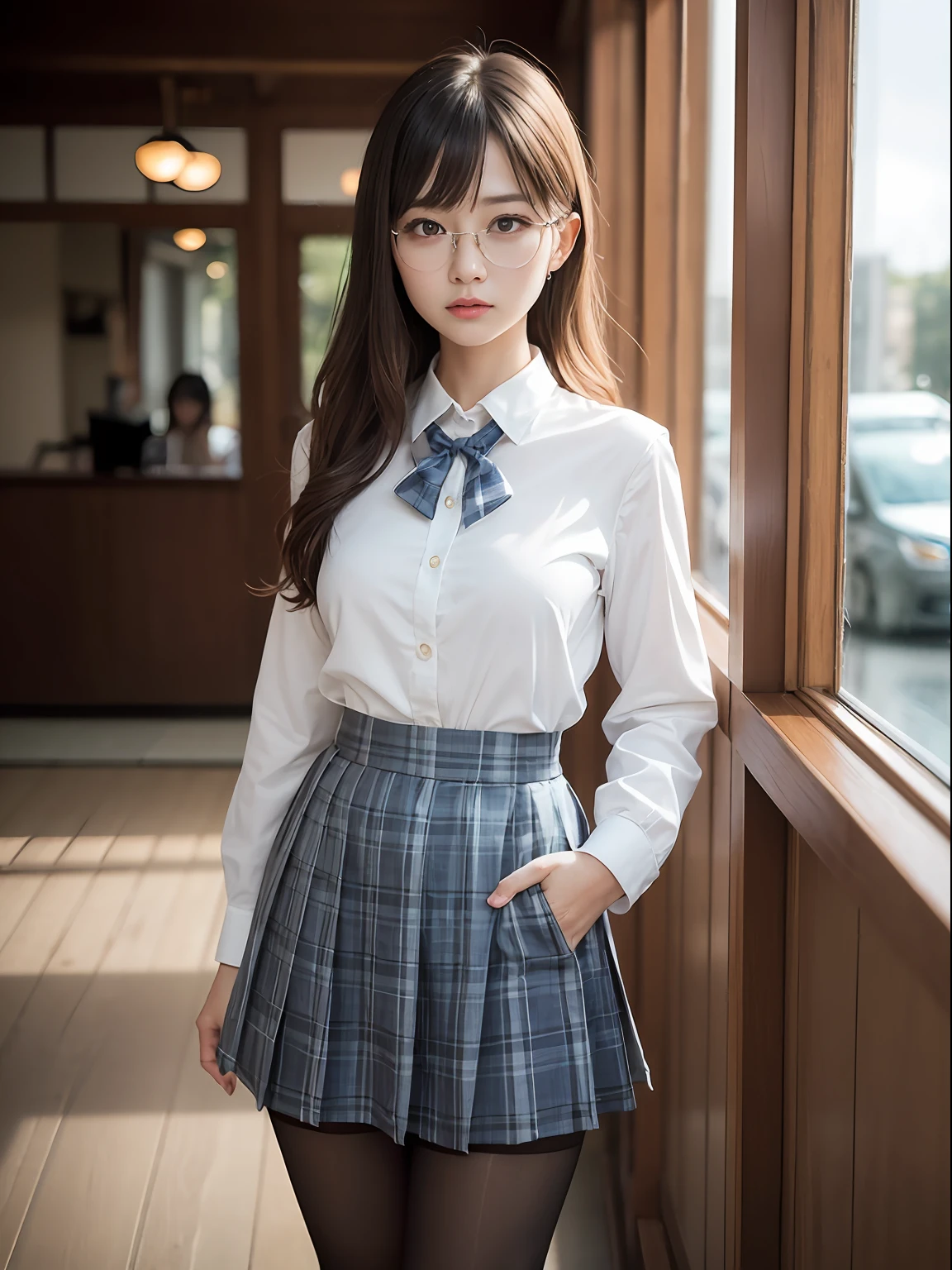 (8K、Raw photography、top-quality、masterpiece:1.2),de pele branca,Black pantyhose,absurderes,a small face,small tits,flat breast,Parting the bangs from the middle、Forehead visible,(Tight eyes,Bullish,skinny,Rasping,irate)、masterpiece,top-quality、超A high resolution,Raw photo,ren,Beautiful fece,One Person, 独奏,eye glass,,Dark look,Small breasts,fullllbody,Round glasses、cute little、A Japanese Lady,is standing,(Tight eyes,Bullish,skinny,Rasping,irate,small tits,flat breast)、(Photorealsitic:1.37)、Photon mapping,Light blue ribbon,Realistic、Cute little face,Brown-eyed、Black socks、(Red bow tie)、Radio City、Physically Based Rendering、Foreground、depth of fields、Blurry background、a picture,The girls、Body, Long legs, Thin leg,poneyTail,(Bangs are visible), hair, s lips, Blue_The eye, nosesoft,White shirt, Navy blue and white plaid pleated skirt, Knees are visible,Sheer clothing,, Thigh, Black cotton socks,Nogizaka Idol, 女優, Japanese ido