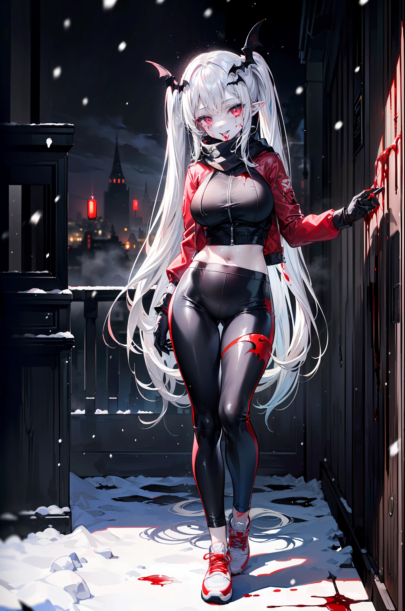 ((masterpiece, best quality, extremely detailed CG, unity 8k wallpaper,anatomically correct,ultra resolution)),Award-winning photography,(best illumination,Very Delicate and Beautiful),(one girl,solo,:1.5),(Vampire:1.45),silver hair,(twintails:1.2),glowing red eyes,(pale skin:1.45),(extremely beautiful and detailed face:1.2), (extremely beautiful and detailed eyes:1.2),perfect hands,delicate legs,((bat hair ornament)),(graceful,fashion),large breasts,pointy ears,((Down Jackets:1.4,cotton trousers,nike sports shoes,black leather gloves,scarf)),looking at viewer,hand to own mouth,head tilt,(morbid smile:1.3),dark persona,evil,(cute:1.5),((night, dark atmosphere, dark theme, darkness:1.5)),dramatic shadows,(dimly lit:1.5),blood on face,blood on floor, blood on walls,(blood mist,blood splash:1.4),depth of field,(Bustling city:1.2,snow:1.3),cloudy sky,snowing,skyline,(perfect human body structure with maximum precision)