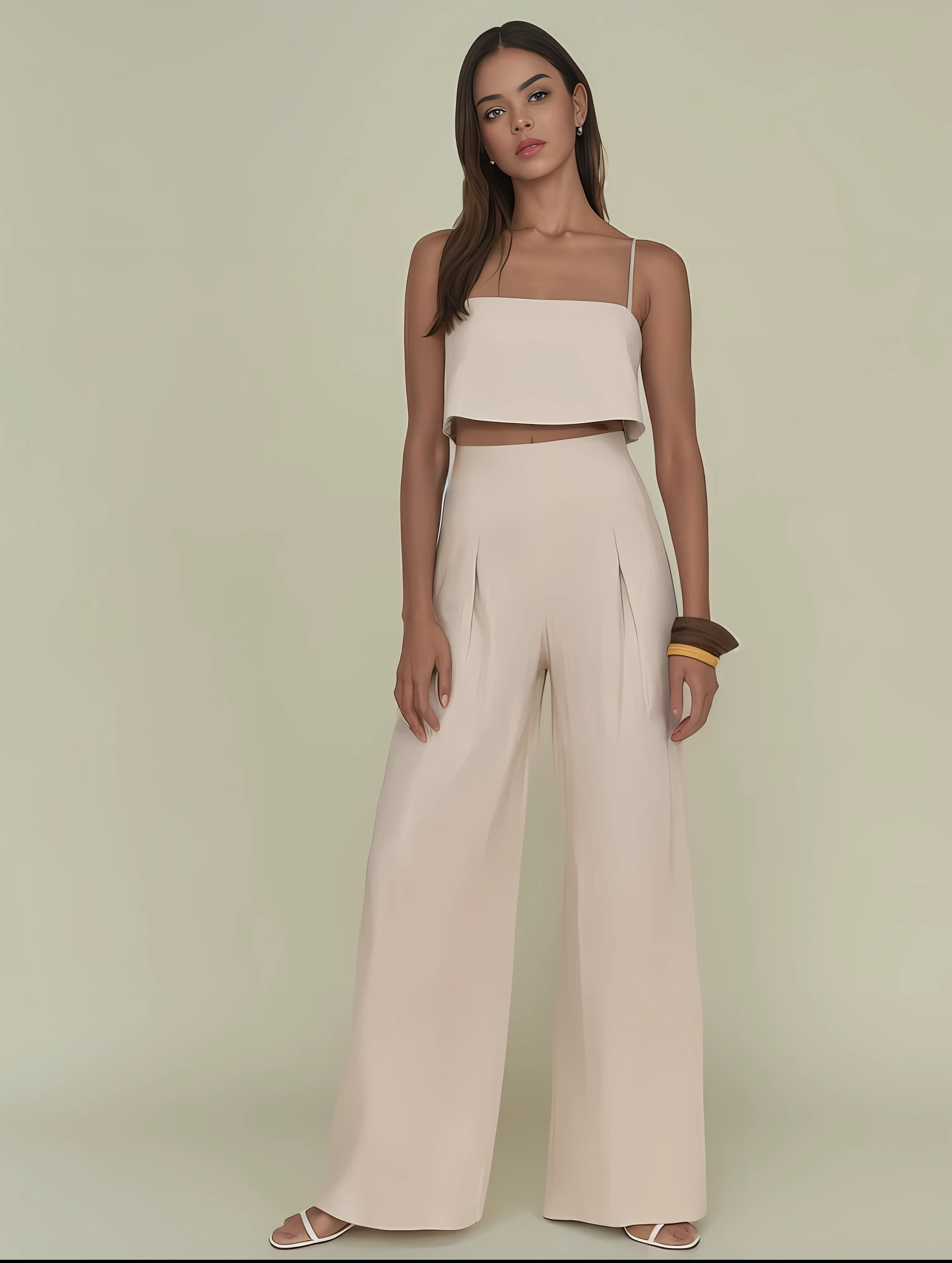 A woman in a cropped top and wide-legged pants, topo de corte, Topo de colheita, large pants, manga larga cropped, linho, linho, usando um top cropped sexy, midriff exposto, usando um top cropped, corpo inteiro - frente - tiro, catsuit, frouxamente cortado, roupas casuais modernas, redondo, roupa feminina, usando um top cropped