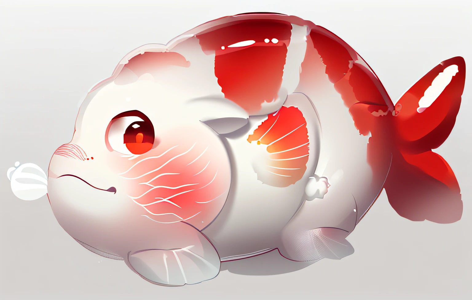There is a Lanshou fish,The head and tail are red,The body is white with ink spots on the body,Fat Chubby,it's lovely,