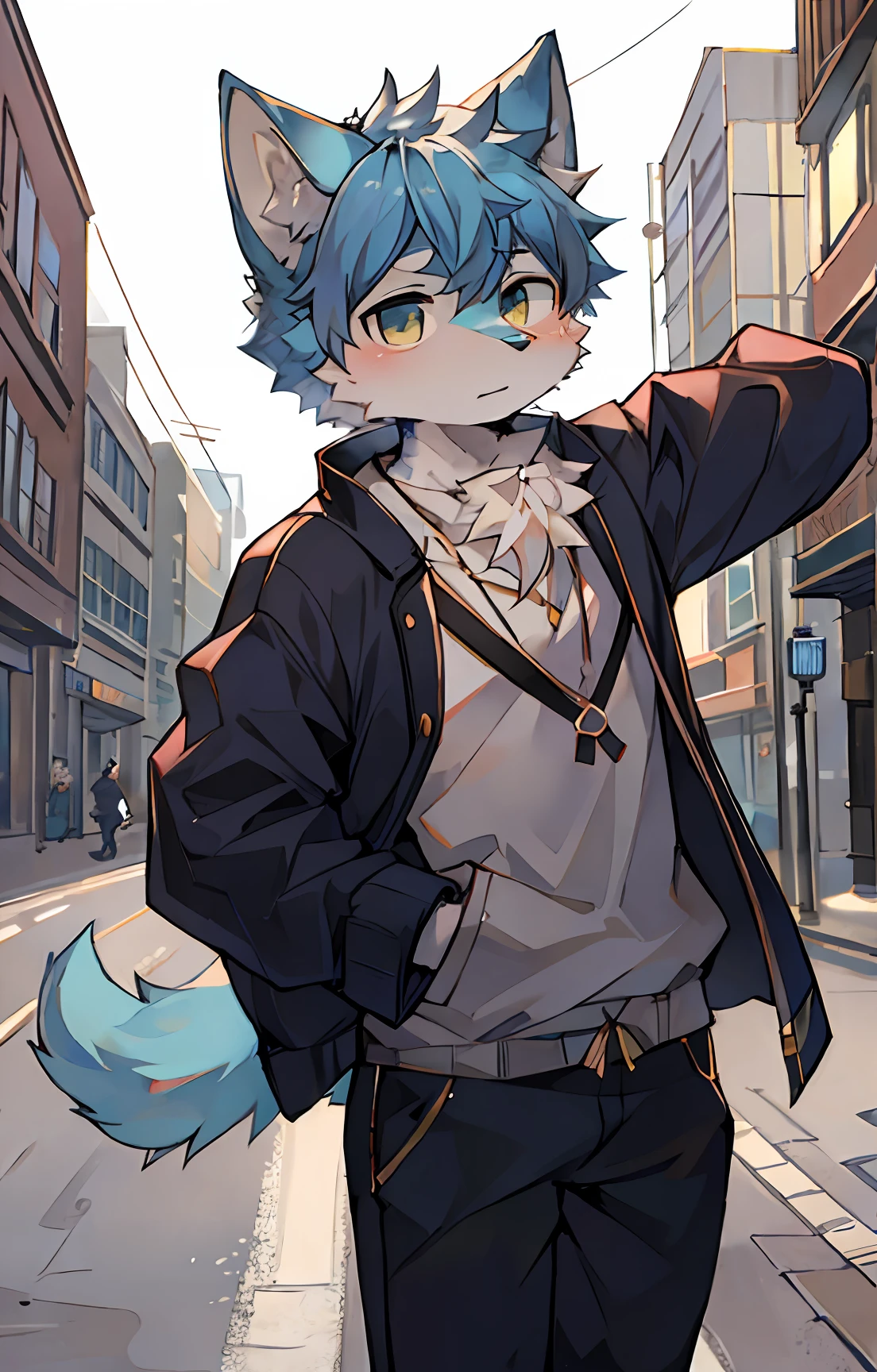 shaggy,Blue fur,bodyfur,城市,the street,独奏,short- sleeved,BREAK BREAK BREAK,AOEU,AOEU,catss