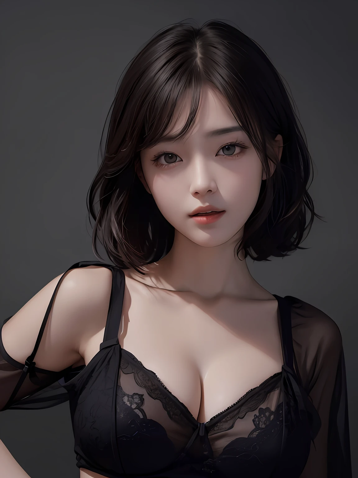 best qualtiy， tmasterpiece， 超高分辨率， （realisticlying：1.5）， RAW photogr， 1girll， bshoulders， in the darkness nigth， deep shading， low tune， cold light， Sexy look， short detailed hair，Pretty big breasts