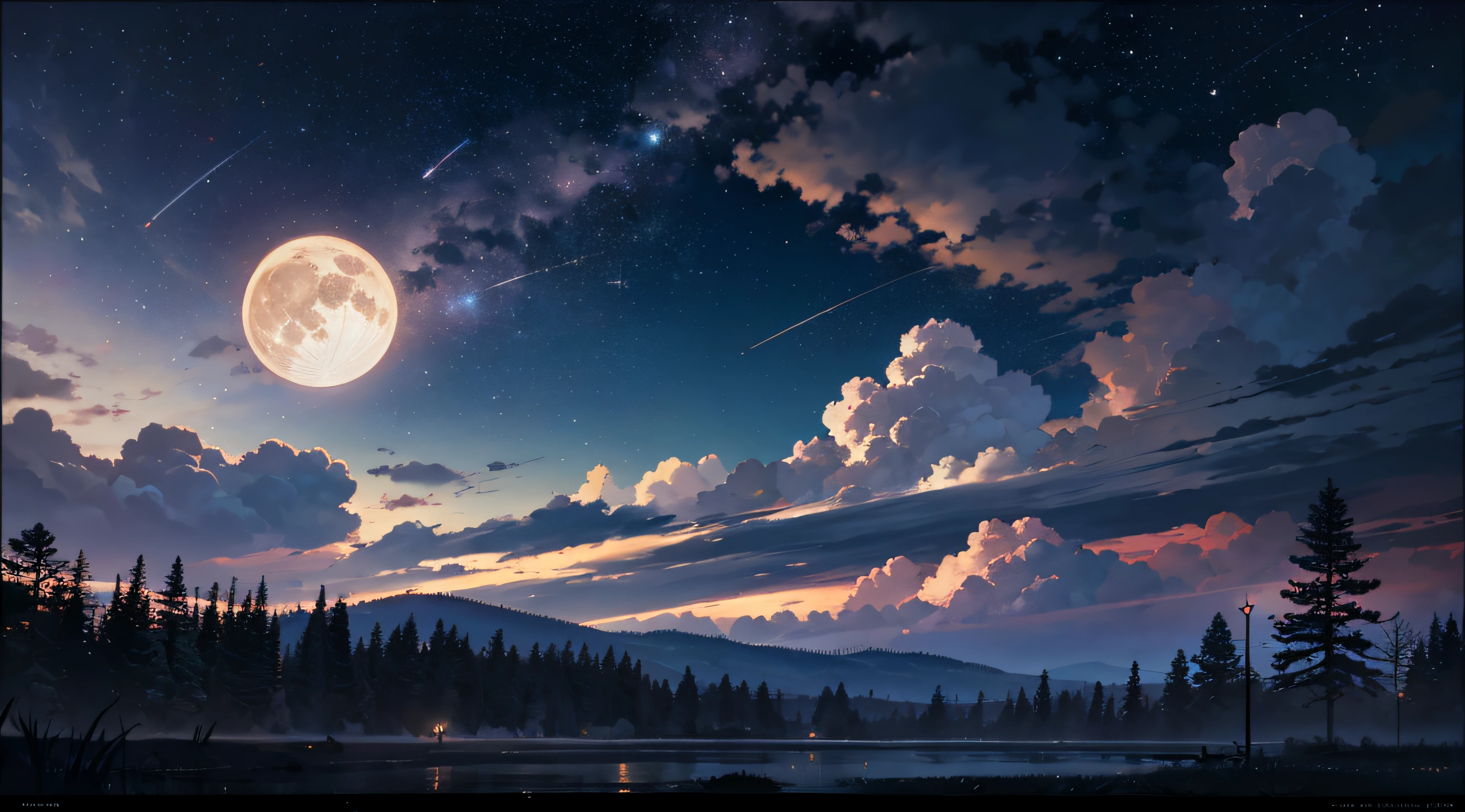Expansive landscape photograph,(moon full:1.2),(meteors:0.9),(Starcloud:1.3),(Warm light source:1.2),(glowworm:1.2),lamp lights,Lots of purple and orange,Complicated details,Volumetriclighting,Realism BREAK(tmasterpiece:1.2),(best qualtiy),8K,Ultra-detailed,(dynamic compositions:1.4),The is very detailed,Colorful details,(Irridescent color:1.2),(luminouslighting,Atmospheric lighting),dream magical,magical,(独奏:1.2),((best qualtiy)), ((tmasterpiece)), (the detail:1.4),depth of fields,maximum definition and sharpness,perfectly proportions,Fluttering clouds,Wallpapers