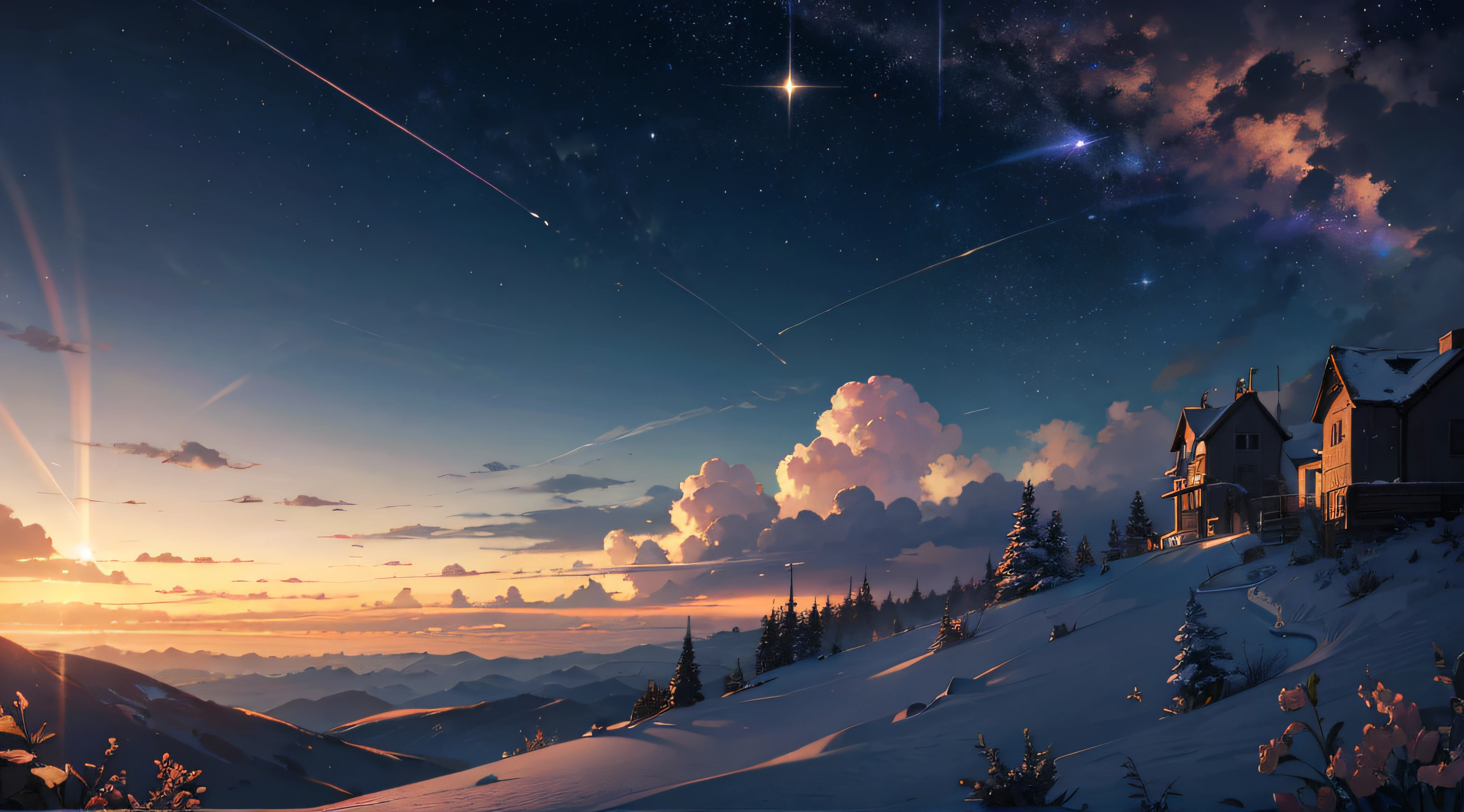 Expansive landscape photograph,(moon full:1.2),(meteors:0.9),(Starcloud:1.3),(Warm light source:1.2),(glowworm:1.2),lamp lights,Lots of purple and orange,Complicated details,Volumetriclighting,Realism BREAK(tmasterpiece:1.2),(best qualtiy),8K,Ultra-detailed,(dynamic compositions:1.4),The is very detailed,Colorful details,(Irridescent color:1.2),(luminouslighting,Atmospheric lighting),dream magical,magical,(独奏:1.2),((best qualtiy)), ((tmasterpiece)), (the detail:1.4),depth of fields,maximum definition and sharpness,perfectly proportions,Fluttering clouds,Wallpapers