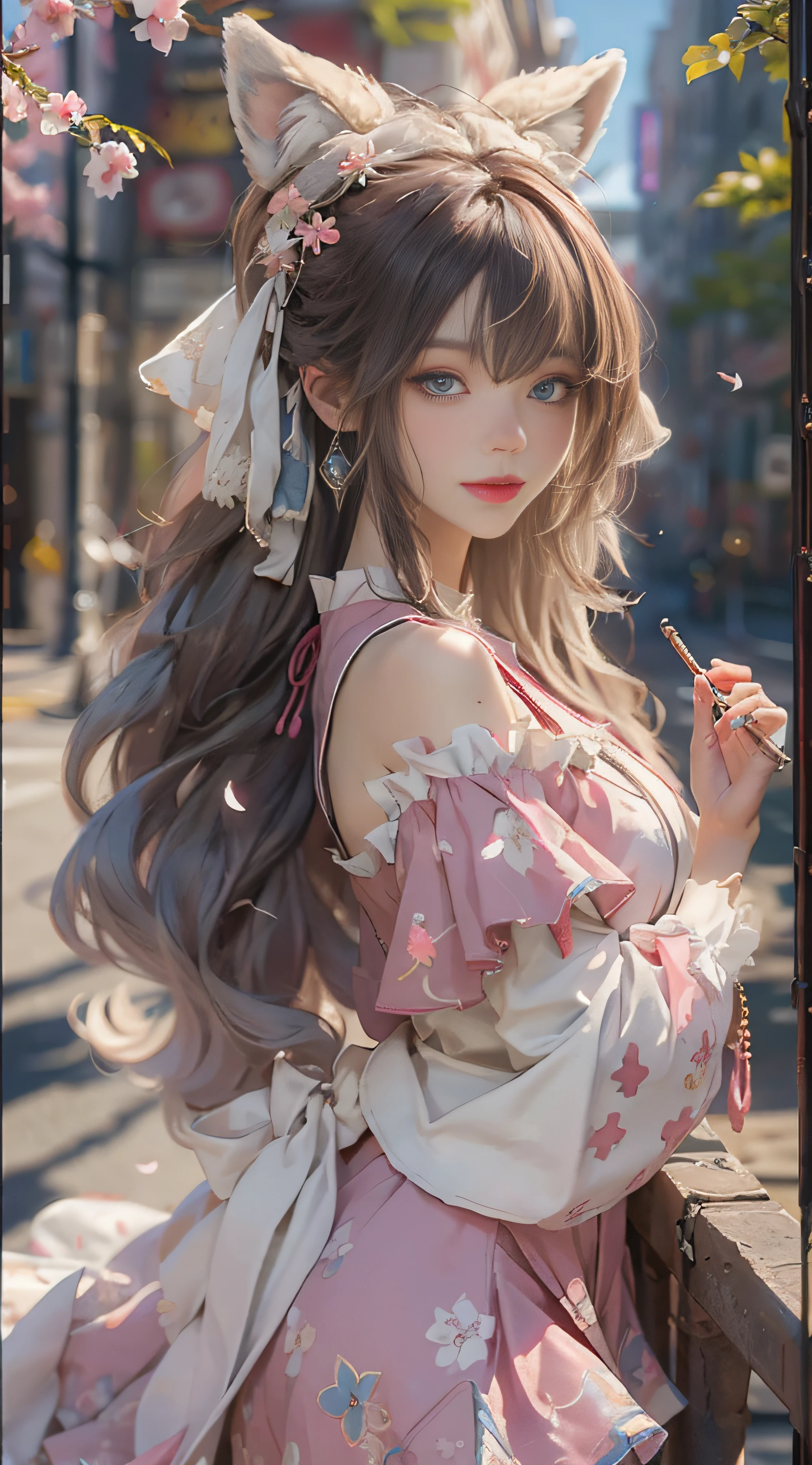 ((best qualtiy)), ((tmasterpiece)), (detail:1.4), Beautiful cyberpunk female images,hdr(HighDynamicRange),Ray traching,NVIDIA RTX,Hyper-Resolution,illusory 5,sub surface scattering,PBR textures,post-proces,Anisotropy Filtering,depth of fields,maximum definition and sharpness,Many-Layer Textures,Albedo e mapas Speculares,Surface coloring,Mitsu-Accurate simulation of material interactions,perfectly proportioned,rendering by octane,Two-colored light,largeaperture,Low ISO,White balance,Rule three points、8K raw data、Beautiful bright blue pupils,off-the-shoulder clothes,Fine pupils,Delicate face and eyes,long eyelasher,Blushlush,Delicate and fluffy hair,pink lip,Pure,Cute face,Sweet girl,Artistic sense,Casual wear,Advancedsense,butterflys,Cherry blossom petal,Beautiful hair accessories,Long hair and waist,Hair fluttering in the wind,Snow-white fox ears,curlies,Snow-white fluffy tail,Positive light,The light from the back window is backlighted
