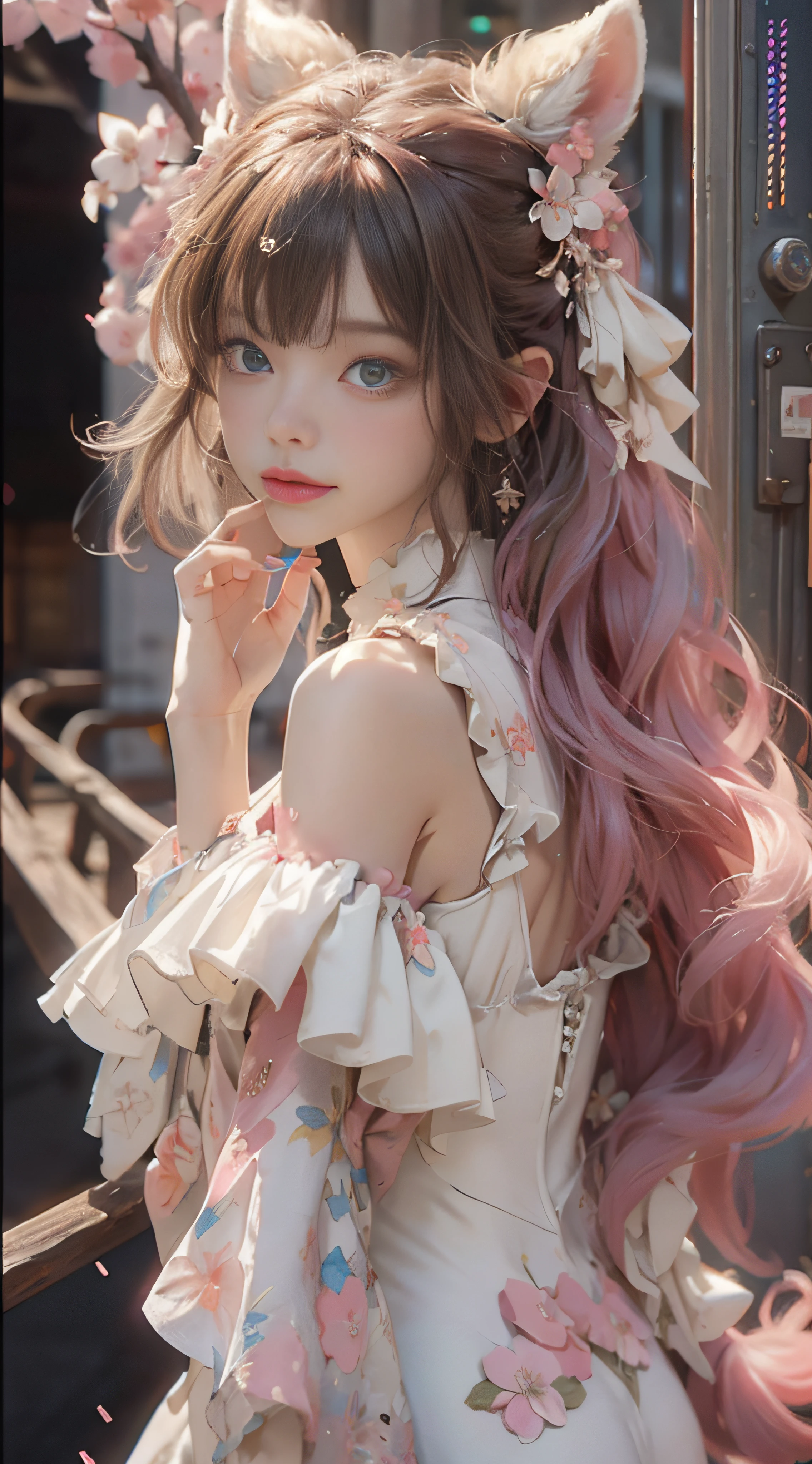 ((best qualtiy)), ((tmasterpiece)), (detail:1.4), Beautiful cyberpunk female images,hdr(HighDynamicRange),Ray traching,NVIDIA RTX,Hyper-Resolution,illusory 5,sub surface scattering,PBR textures,post-proces,Anisotropy Filtering,depth of fields,maximum definition and sharpness,Many-Layer Textures,Albedo e mapas Speculares,Surface coloring,Mitsu-Accurate simulation of material interactions,perfectly proportioned,rendering by octane,Two-colored light,largeaperture,Low ISO,White balance,Rule three points、8K raw data、Beautiful bright blue pupils,off-the-shoulder clothes,Fine pupils,Delicate face and eyes,long eyelasher,Blushlush,Delicate and fluffy hair,pink lip,Pure,Cute face,Sweet girl,Artistic sense,Casual wear,Advancedsense,butterflys,Cherry blossom petal,Beautiful hair accessories,Long hair and waist,Hair fluttering in the wind,Snow-white fox ears,curlies,Snow-white fluffy tail,Positive light,The light from the back window is backlighted