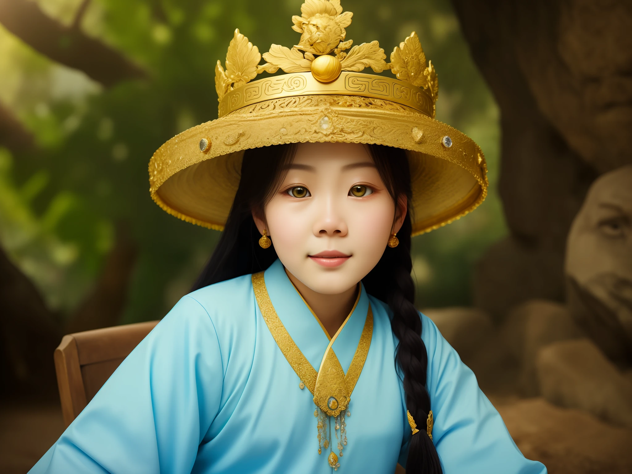 There was a young girl sitting in a blue chair in the room, xintong chen, xision wu, wenfei ye, jaeyeon nam, jinyiwei, Wang Qichao, Lin Qifeng, Yun Ling, young and cute girl, zmonzheng, wenjun lin, Chinese girl, Li Zixin, ruan jia beautiful!Detailed RAW photo of the Lord of the Rings style humanoid lion,on rock,standing on your feet,imposing posture,boby,((All boby)))),with human traits,((Clear and bright eyes give the impression of magic)),photo taken from far away,white mustache,White mane,Marked skin,Clothes with silver and gold details,and gold and diamond crowns,The best quality, surreal texture,Amazing quality,Ultra photo realsisim,对称,flawless perfection,Hyper-Resolution,best aspect ratio,Without zoom,photorealistic illustration