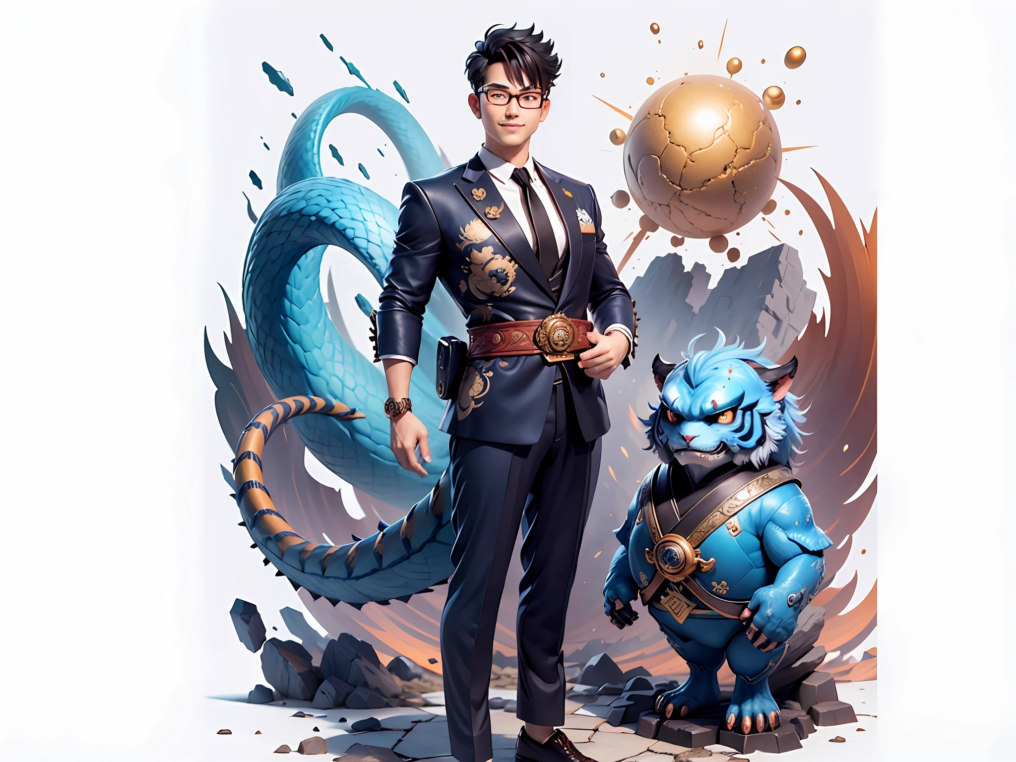 (Masterpiece), (Excellent), (Super Meticulous), (Full Body: 1.2), Super Young Man with Japanese Female Geisha, Pretty, Beautiful, Chinese Dragon, Tiger, Wind God Thor, Sexy, Bursting, Oriental Face, TV Anchor, Bust Portrait Illustration, Black Suit, Blue Tie, Slightly Chubby Face, Silver Glasses, Very Clean Face, No Beard on Chin, Black Super Short Hair, Black Eyes, Confident Smile, 3c Computer Sub-Products, iPad, iPhone, Digital Painting, 3D character design by Mark Clairedon and Pixar and Hayao Miyazaki and Akira Toriyama, the illustrations are HD illustrations in 4K resolution with highly detailed facial features and cartoon-style visuals.