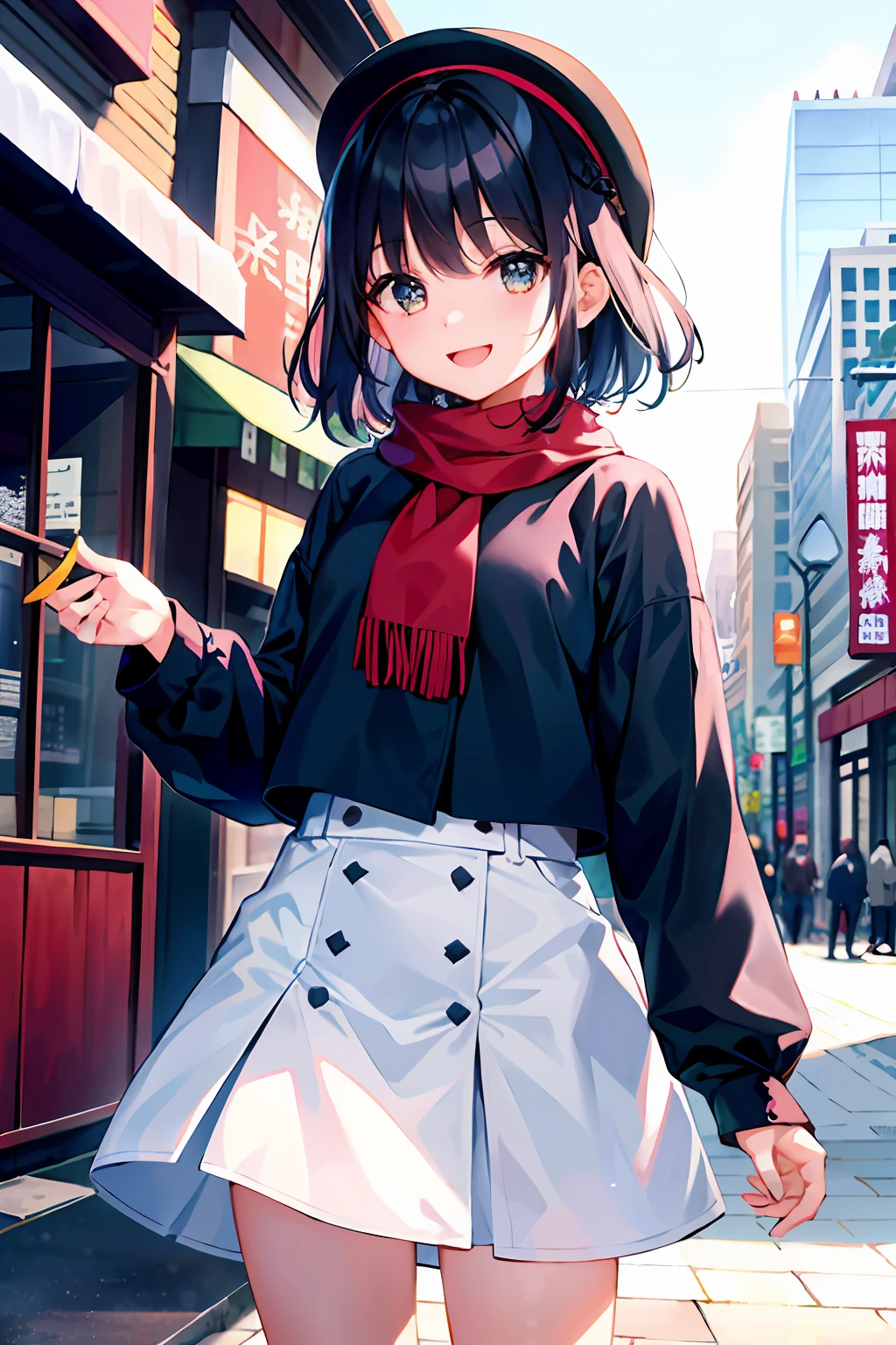 (morning), 1girl, 独奏, 看着观众, winter, cowboy shot, (downtown), cowboy shot, smile, black hair