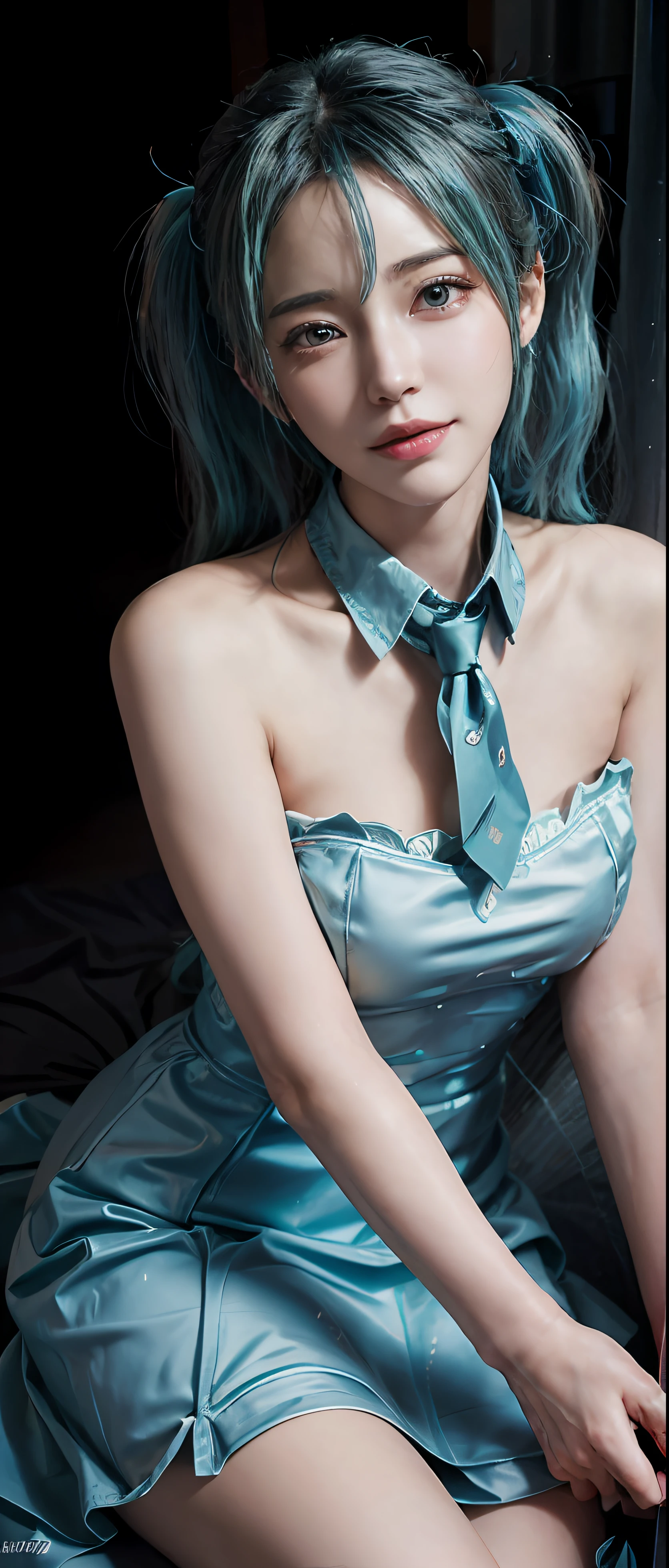 (front focus), keyword: 1girl in photoshoot, (((hatsune miku))), (in the dark:1.6), Hyperrealist portrait, fantasy art, photo realistic, dynamic lighting, poster, bokeh, volumetric lighting, very detailed faces, 8k, award winning, 1girl, 25 years old girl, deep shadow, low key, long twin tail hair with pony, bright tosca hair and eye color (((strong color))), big breast, round breast, nacklaces , full body, big smile (open mouth), wet skin, Highly detailed face and skin texture, Detailed eyes, Realistic eyes, Beautiful detailed eyes, (Realistic skin), (((futuristic hatsune miku dress 1:1))), sexy poses