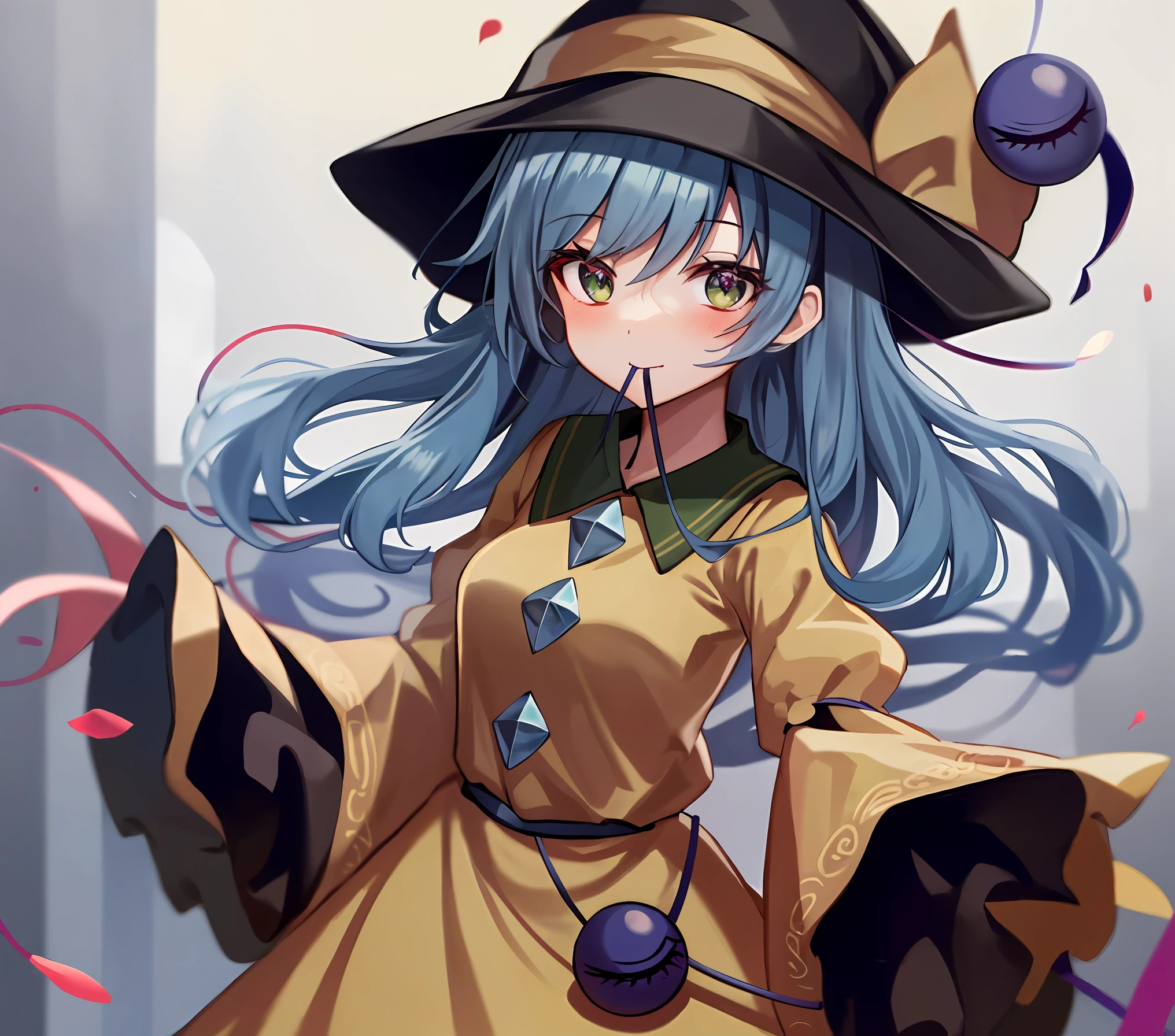1girll, Komeiji Koishi, 独奏, a skirt, The shirt, Hats, 3rd eye, Green eyes, Yellow shirt, green skirt, with her mouth open, Green hair, frilld, inner strength, ssmile, Black tiara, Wide sleeves, Estampados florales, String heart, longer sleeves, frilly sleeves, looking at viewert, petals, skirt with frills, Blushlush, ribbons, eyeballs, hat ribbon, frilled shirt collar, halter, Rose printing, short detailed hair, Skysky, yellow ribbon, By bangs,collared shir, extreme hight detail,highest details,opticalmixing,Playful patterns,Lively texture,unique visual effect,