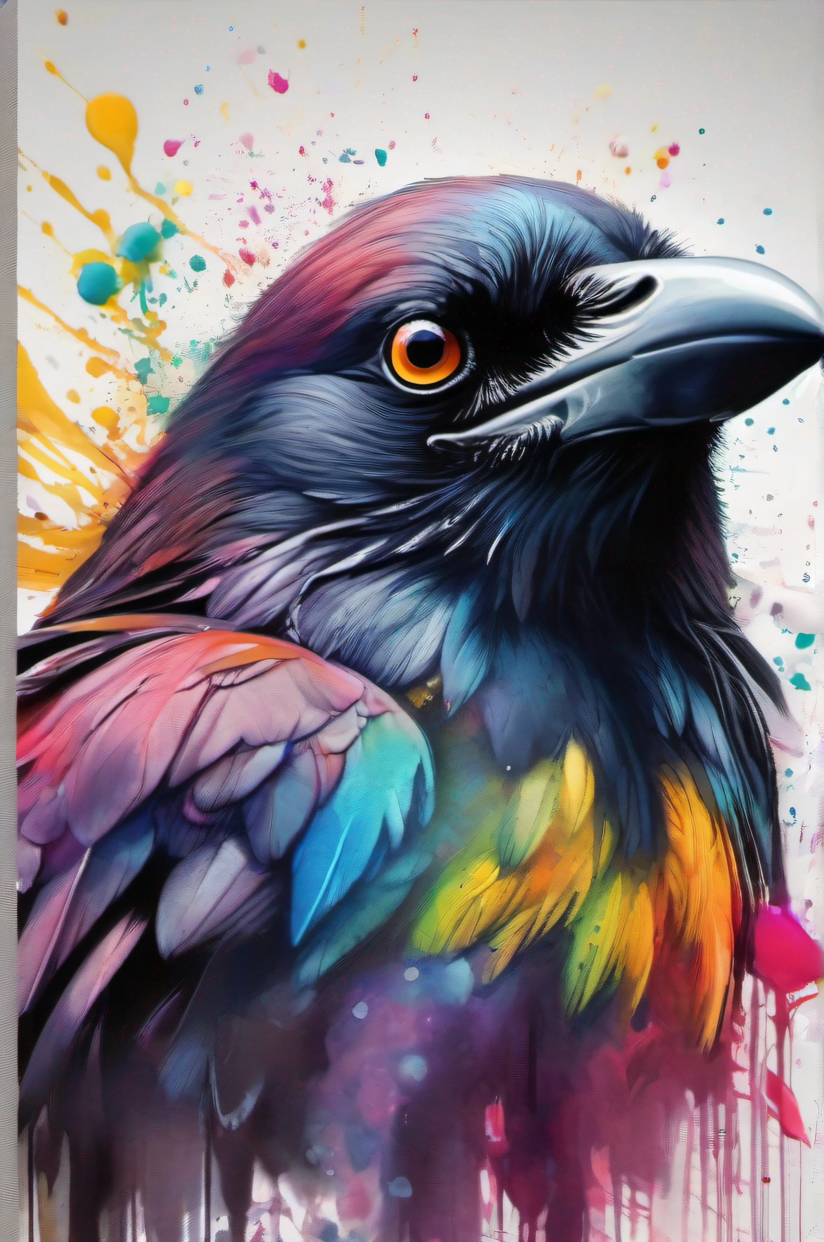 Draw a crow with colorful ink on its face, archan nair, painted in bright water colors, animal drawing, vibrant watercolor painting, painting of cute dog, Stunning artwork, Surrealism with bright colors, plethora of colors,detail-rich, lovely digital painting, Amazing, digital art animal photo, colorful art, art of alessandro pautasso, watercolor detailed art