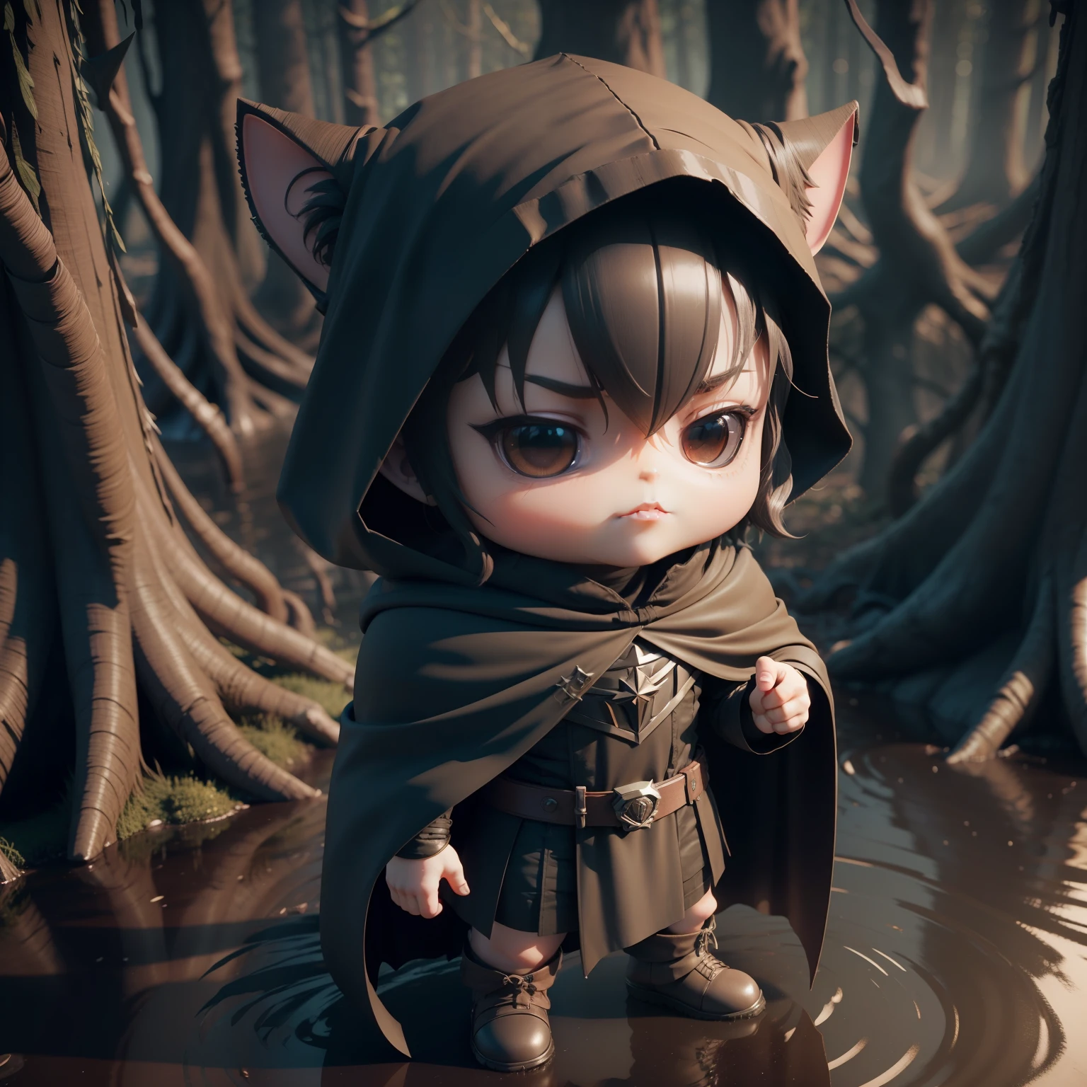 (((Chibi 3D))), Villain, villainess, lotr, dark forest, Dirty swamp.Boy 1,Wearing a cloak hood