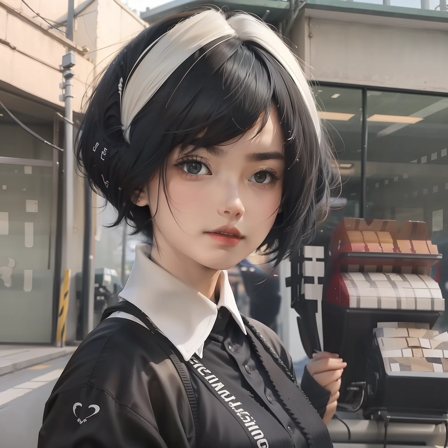 Black sky，Beautiful girl with short white hair，Wear a school uniform，With a hair card，Have on the street
