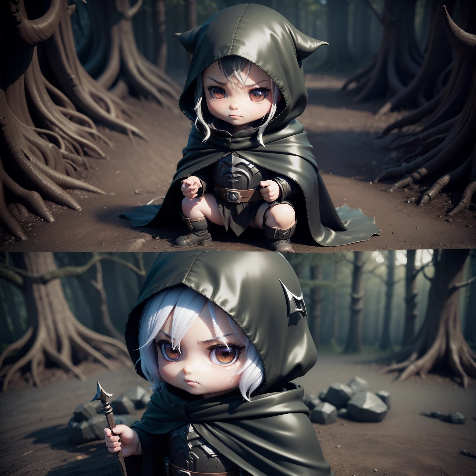 (((Chibi 3D))), Villain, villainess, lotr, dark  forest, Dirty swamp.Boy 1,Wearing a cloak hood