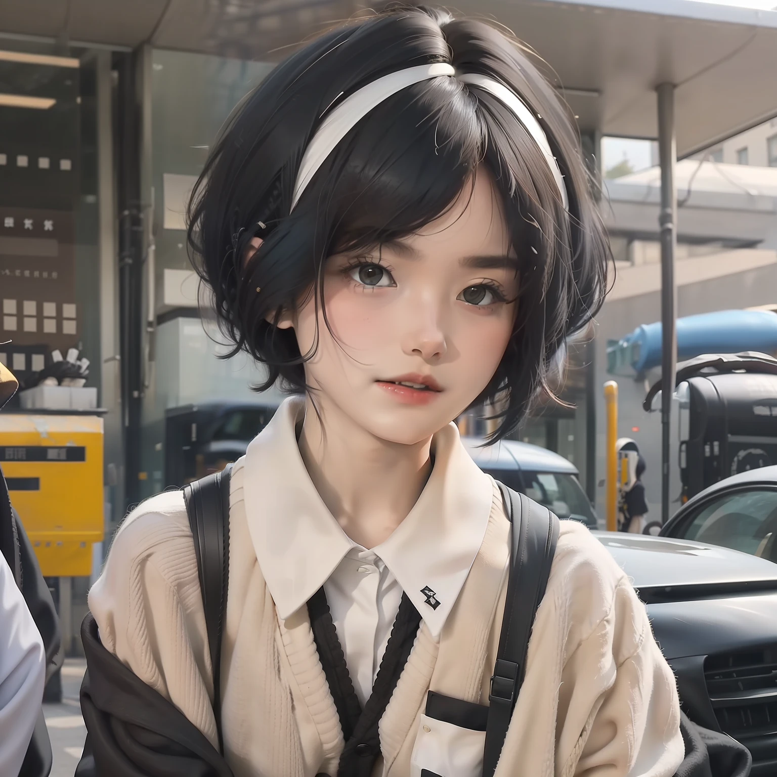 Black sky,Beautiful girl with short white hair,Wear a school uniform,With a hair card,Have on the street