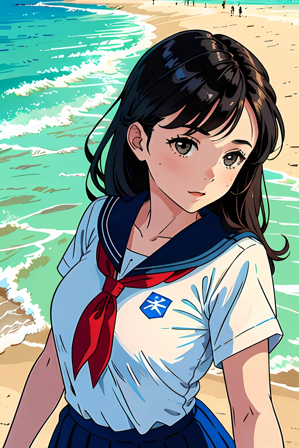 on the beach,There was a woman lying on the beach in her school uniform,Give the beauty a big close-up