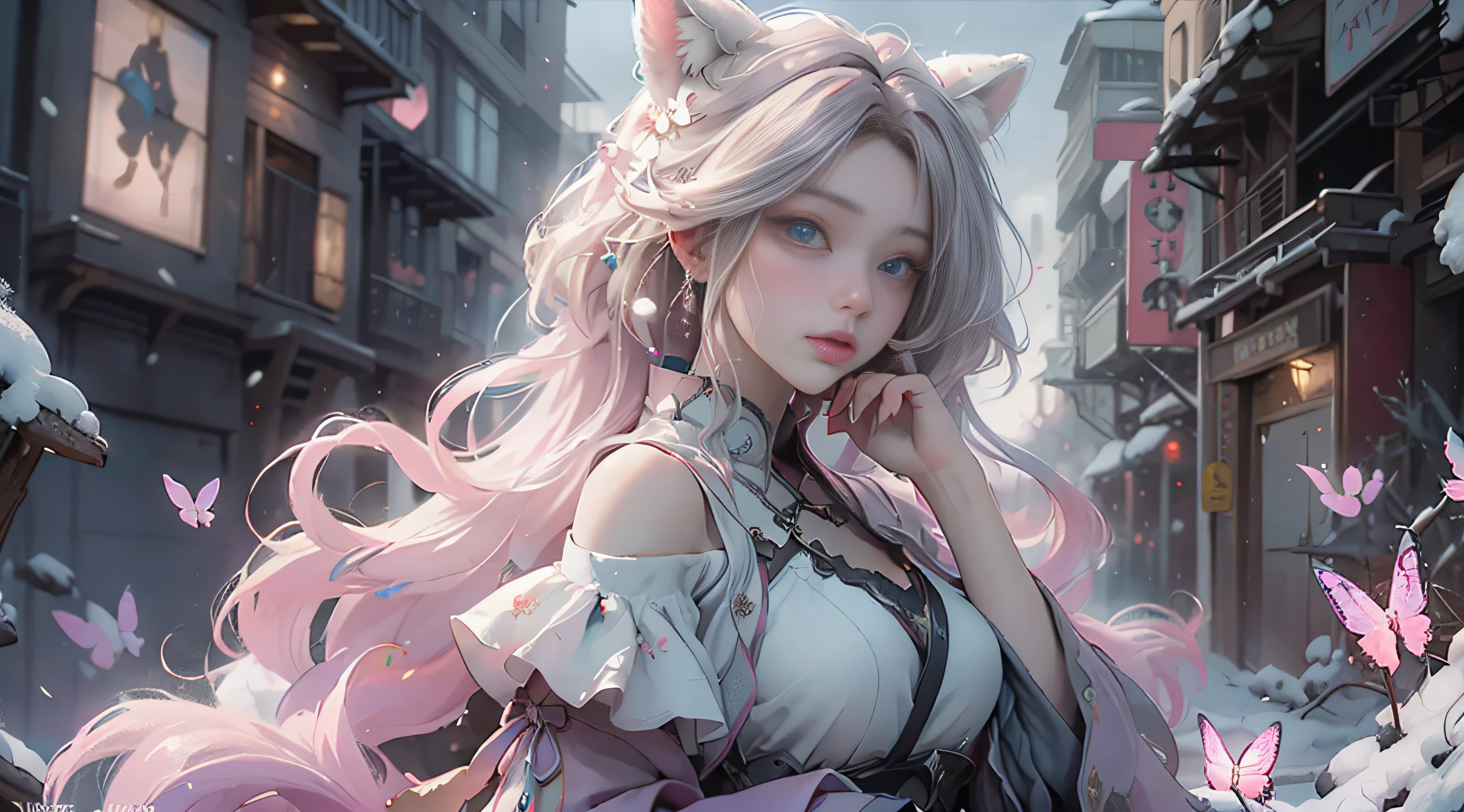 ((best qualtiy)), ((tmasterpiece)), (detail:1.4), Beautiful cyberpunk female images,hdr(HighDynamicRange),Ray traching,NVIDIA RTX,Hyper-Resolution,illusory 5,sub surface scattering,PBR textures,post-proces,Anisotropy Filtering,depth of fields,maximum definition and sharpness,Many-Layer Textures,Albedo e mapas Speculares,Surface coloring,Mitsu-Accurate simulation of material interactions,perfectly proportioned,rendering by octane,Two-colored light,largeaperture,Low ISO,White balance,Rule three points、8K raw data、Beautiful bright blue pupils,off-the-shoulder clothes,Fine pupils,Delicate face and eyes,long eyelasher,Blushlush,Delicate and fluffy hair,pink lip,Pure,Cute face,Sweet girl,Artistic sense,Casual wear,Advancedsense,butterflys,Cherry blossom petal,Beautiful hair accessories,Long hair and waist,Hair fluttering in the wind,Snow-white fox ears,curlies,Snow-white fluffy tail,Positive light,The light from the back window is backlighted