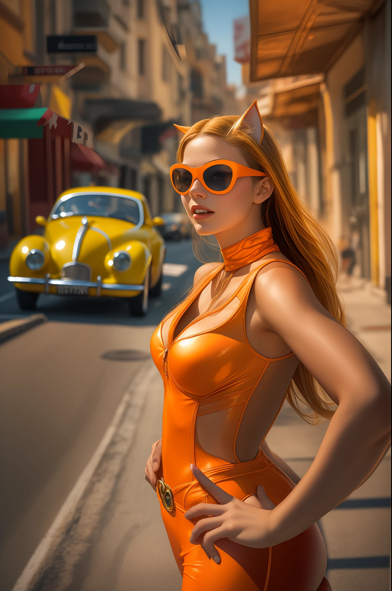 A captivating image of a young orange catwoman on a bustling summer street. Her attire reflecting her bewitching, gentle personality. The vibrant colors of the clothing and the gleaming surfaces of the behinde sports car add an element of speed and excitement. The background is blurred, emphasizing the young woman's beauty. wide aperture, standard lens, fast shutter speed