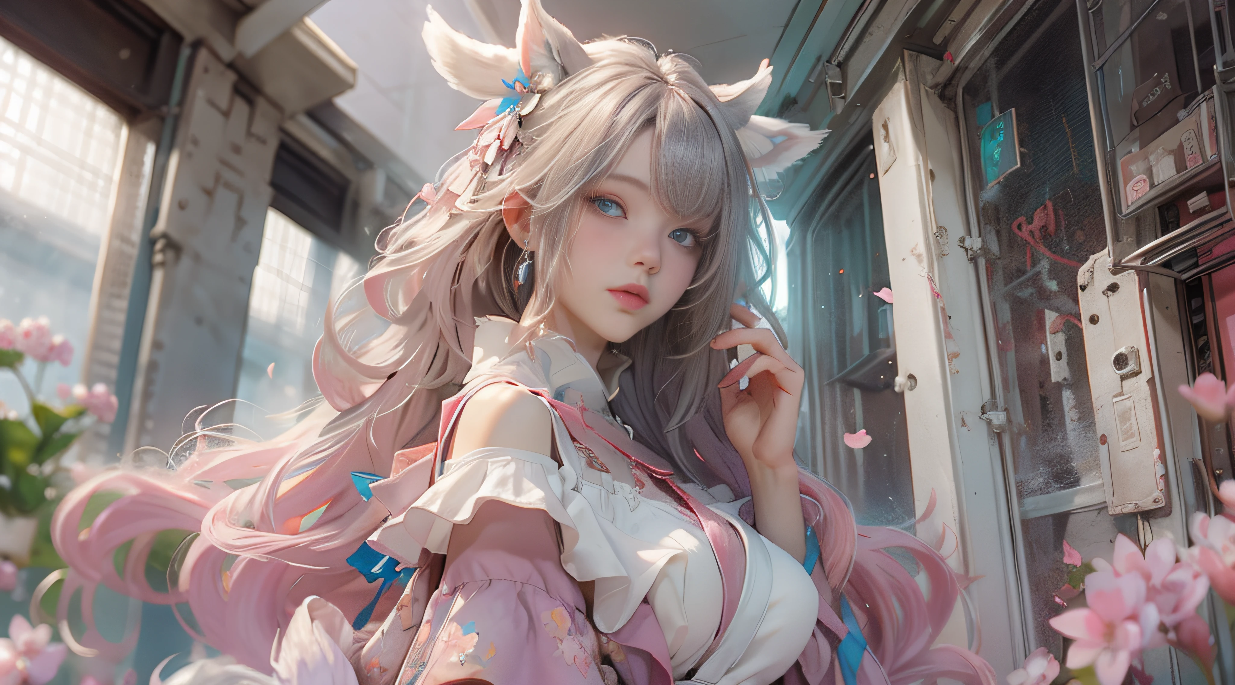 （（best qualtiy））， （（tmasterpiece））， （detail：1.4）， Beautiful cyberpunk female images，hdr（HighDynamicRange），Ray traching，NVIDIA RTX，Hyper-Resolution，illusory 5，sub surface scattering，PBR textures，post-proces，Anisotropy Filtering，depth of fields，maximum definition and sharpness，Many-Layer Textures，Albedo e mapas Speculares，Surface coloring，Mitsu-Accurate simulation of material interactions，perfectly proportioned，rendering by octane，Two-colored light，largeaperture，Low ISO，White balance，Rule three points、8K raw data、Beautiful bright blue pupils，off-the-shoulder clothes，Fine pupils，Delicate face and eyes，long eyelasher，Blushlush，Delicate and fluffy hair，pink lip，Pure，Cute face，Sweet girl，Artistic sense，Casual wear，Advancedsense，butterflys，Cherry blossom petal，Beautiful hair accessories，Long hair and waist，Hair fluttering in the wind，Snow-white fox ears，curlies，Snow-white fluffy tail，Positive light，The light from the back window is backlighted