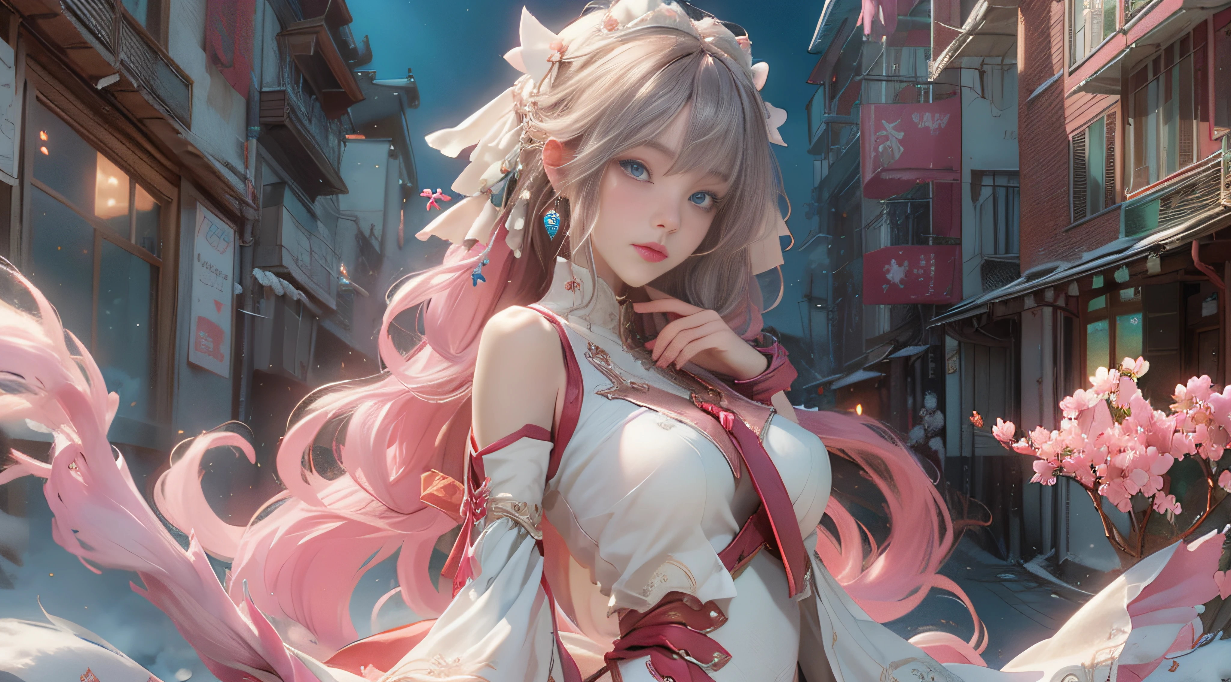（（best qualtiy））， （（tmasterpiece））， （detail：1.4）， Beautiful cyberpunk female images，hdr（HighDynamicRange），Ray traching，NVIDIA RTX，Hyper-Resolution，illusory 5，sub surface scattering，PBR textures，post-proces，Anisotropy Filtering，depth of fields，maximum definition and sharpness，Many-Layer Textures，Albedo e mapas Speculares，Surface coloring，Mitsu-Accurate simulation of material interactions，perfectly proportioned，rendering by octane，Two-colored light，largeaperture，Low ISO，White balance，Rule three points、8K raw data、Beautiful bright blue pupils，off-the-shoulder clothes，Fine pupils，Delicate face and eyes，long eyelasher，Blushlush，Delicate and fluffy hair，pink lip，Pure，Cute face，Sweet girl，Artistic sense，Casual wear，Advancedsense，butterflys，Cherry blossom petal，Beautiful hair accessories，Long hair and waist，Hair fluttering in the wind，Snow-white fox ears，curlies，Snow-white fluffy tail，Positive light，The light from the back window is backlighted