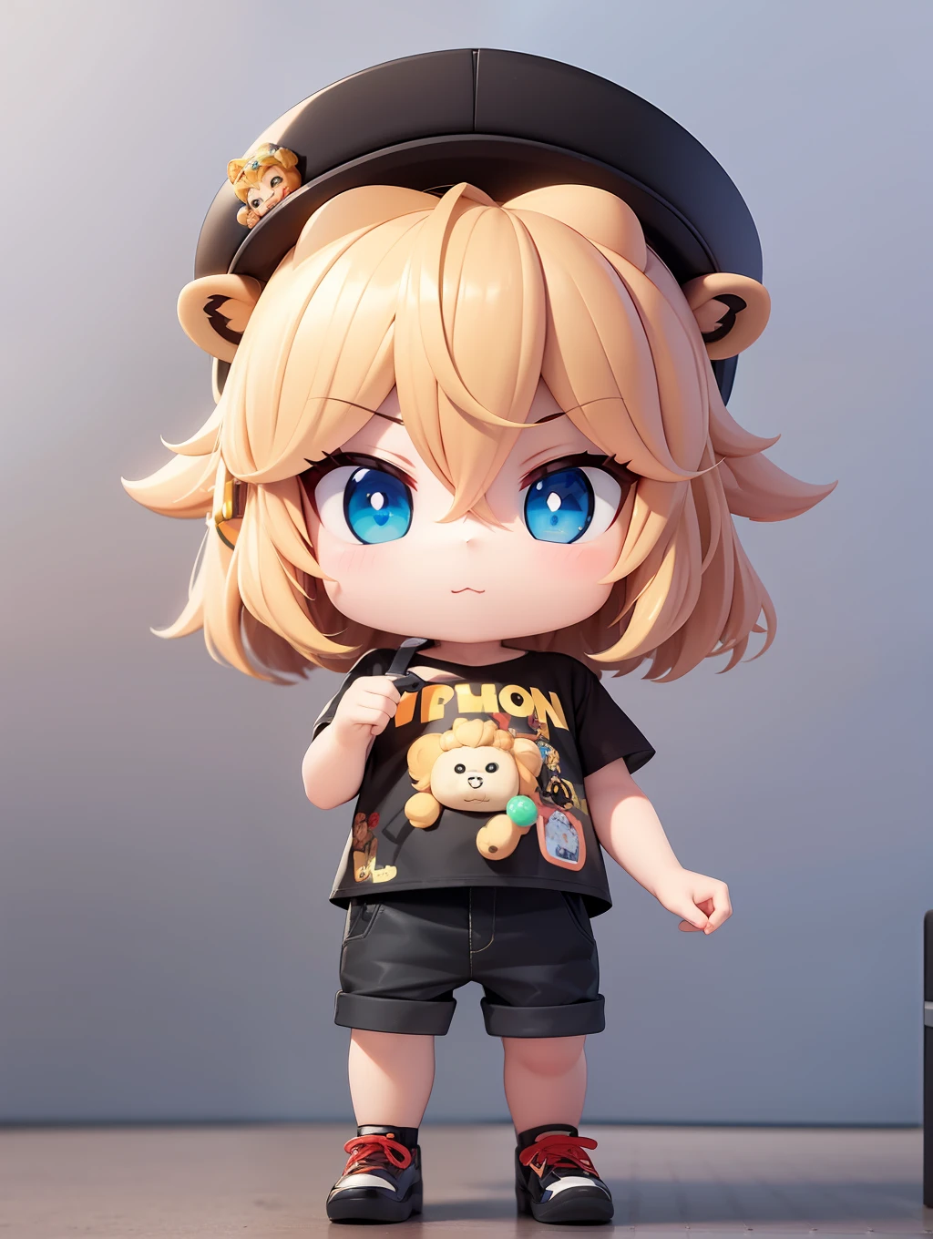 PopMart blind box IP，lion，Super cute boy wearing a lion shaped hat，Technology elements，Stylish clothes，Streamline 3D/C4D production：8K HD quality/illuminating/Ultra-detailed lens depiction1.5，flawless perfection，Chibi background/SENSE OF CINEMA。