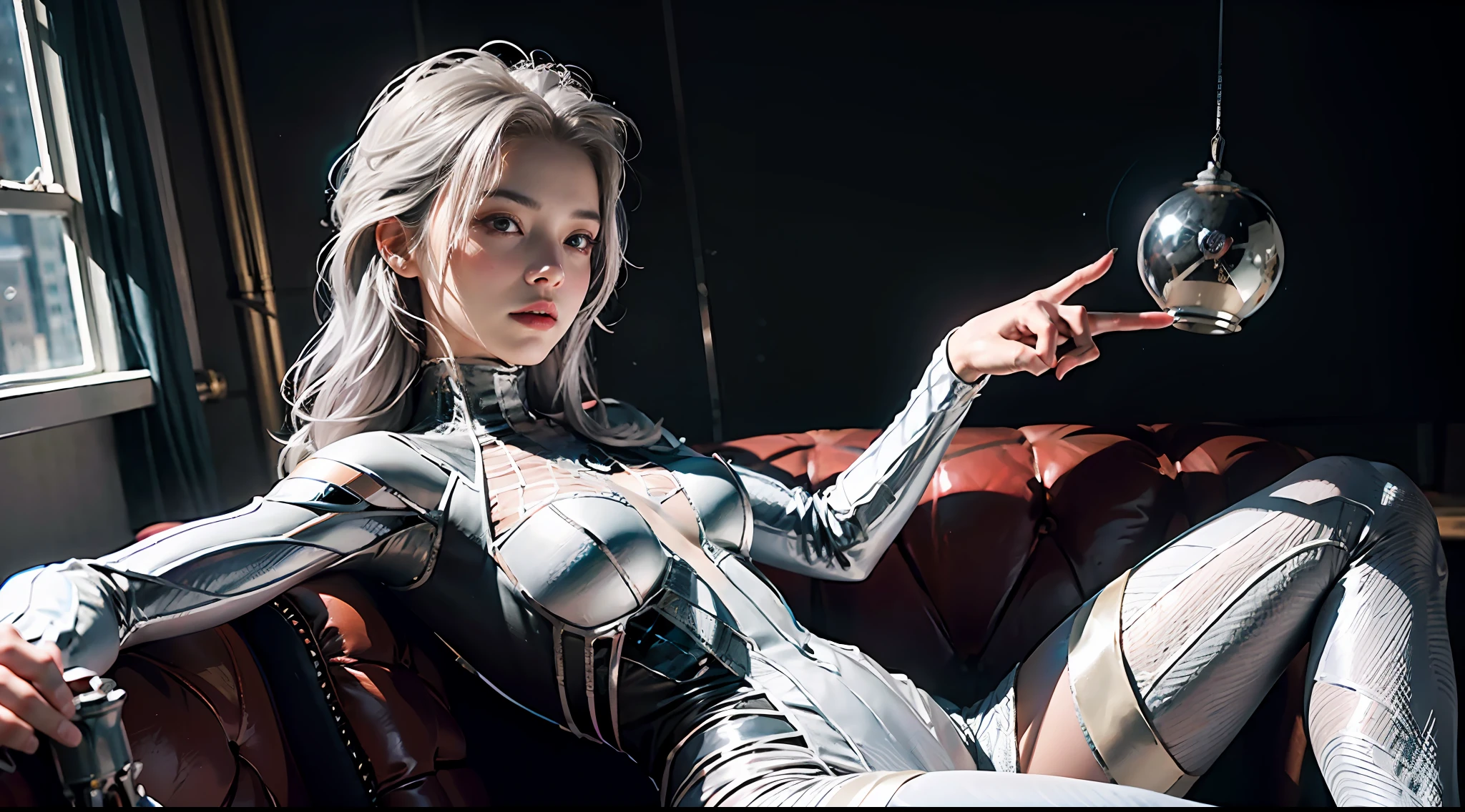 (Extreme Detail CG Unity 8K wallpaper, masterpiece, highest quality), (Exquisite lighting and shadow, highly dramatic picture, Cinematic lens effect), a girl in a white Spider-Man costume, silver gray hair color, from the Spider-Man parallel universe, Wenger, Marvel, Spider-Man, sitting on the couch, dynamic pose), (excellent detail, excellent lighting, wide angle), (excellent rendering, enough to stand out in its class), focus on white Spider-Man costumes, complex spider textures