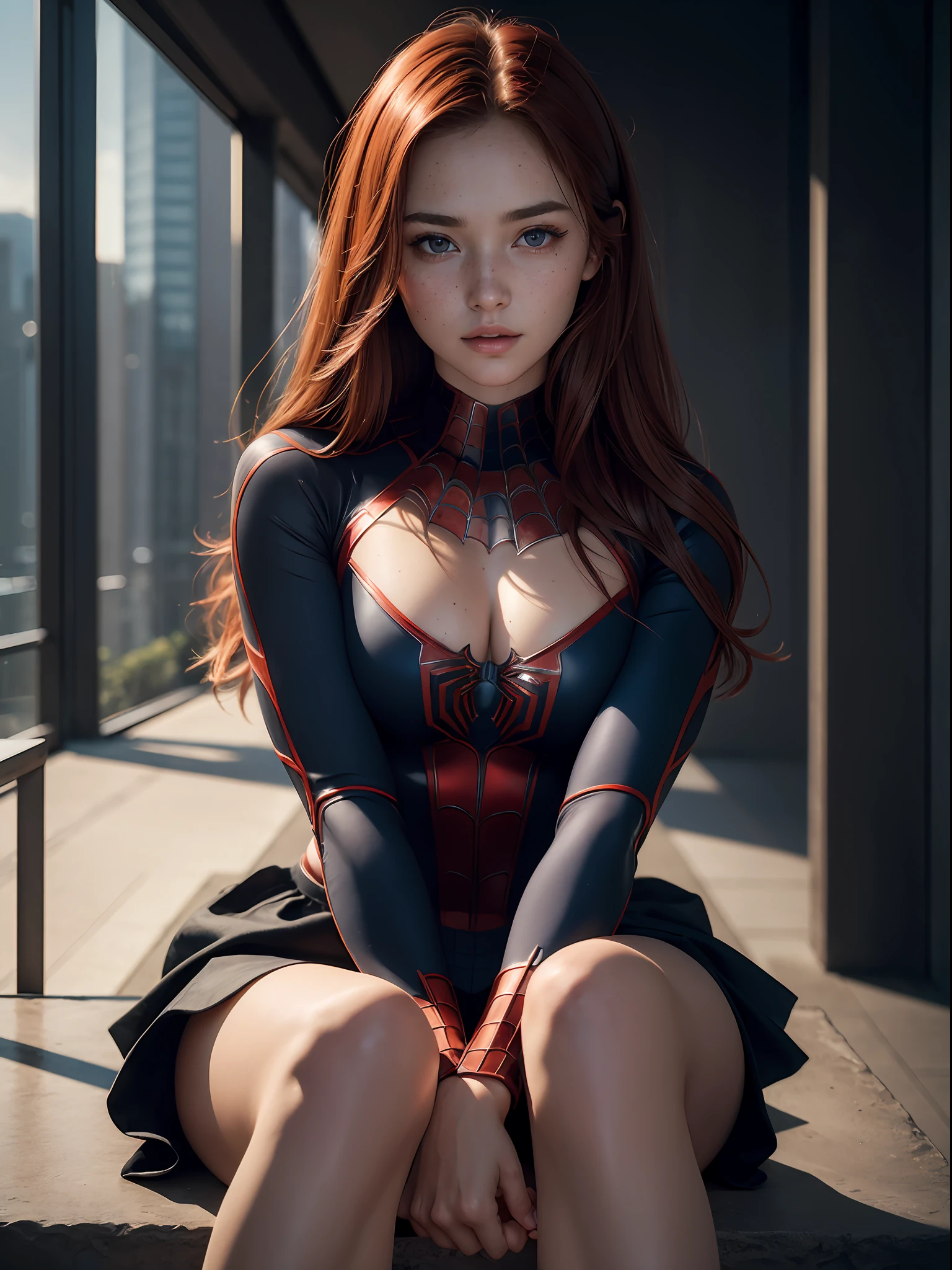 extremely detailed CG,UHD wallpaper, Extreme details,(realistic:1.2),(((best quality))), ((ultra-detailed)), (cute detailed face:1.2), {{highly detailed face}},beautiful and aesthetic,1girl,(masterpiece:1.4),glowing skin,dramatic shadows, intense shadows, SIGMA 35mm F1.4, ISO 200 Shutter Speed 2000,Photorealism,{photorealistic}, photogenic, Girl, finely detailed,HIGH RES, {{intricate detail}},(((beautiful detailed lighting))),beautiful detailed colorful eyes, best quality, 1girl, masterpiece, best quality, 8k, detailed skin texture, detailed cloth texture, beautiful detailed face, intricate details, ultra detailed, european youth, european beauty, Spider-Man uniform, straight red hair, freckles, sit outside of a skyscraper, on the edge, wide open legs, erotic pose, erotic position