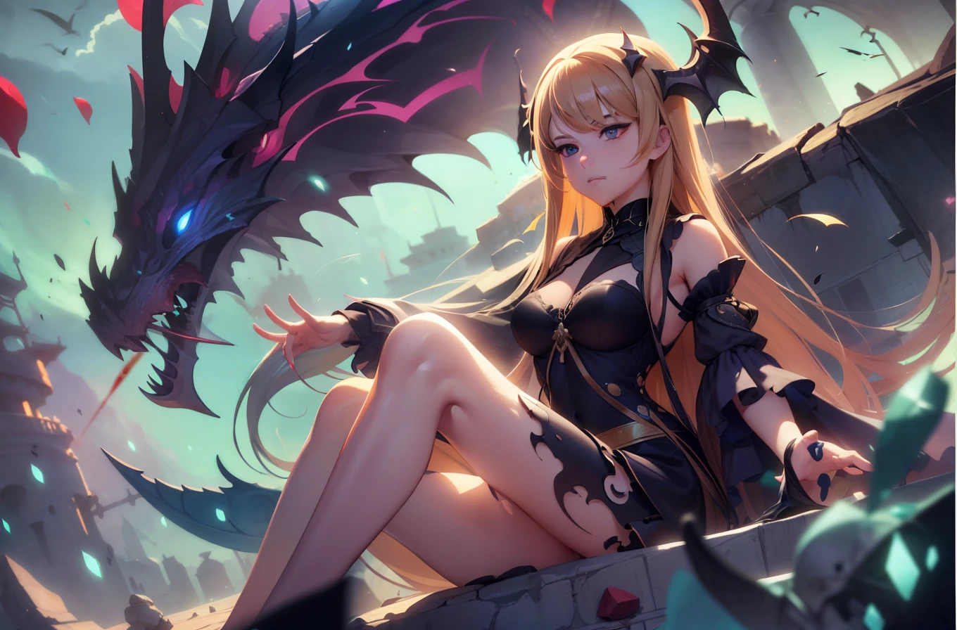 anime girl with sword and dragon in background, anime fantasy artwork, anime fantasy illustration, badass anime 8 k, anime art wallpaper 4 k, anime art wallpaper 4k, 2. 5 d cgi anime fantasy artwork, anime art wallpaper 8 k, detailed digital anime art, beautiful fantasy anime, anime epic artwork, 4k anime wallpaper, detailed anime artwork, sexy, sexy, big boobs, women, A queen is sitting on a throne in the underwater palace, anime style , dragon girl, amor dragon, blade dragon, dragon wings , (masterpiece, best quality, ultra-detailed, best shadow), (detailed background,dark fantasy), (beautiful detailed face), high contrast, (best illumination, an extremely delicate and beautiful), ((cinematic light)), colorful, hyper detail, dramatic light, intricate details, (1 girl, solo, sharp face, . Blonde hair,super long hair, thin bangs hime cut, long lashes,dynamic angle), blood splatter, swirling black light around the character, depth of field,black light particles,(broken glass),magic circle