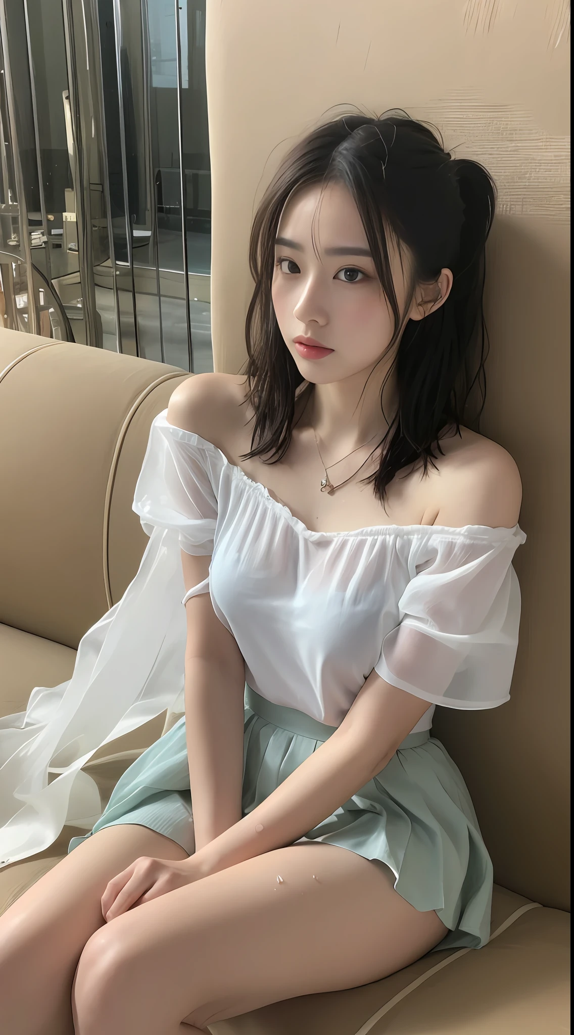 ((Best picture quality, 8K, tmasterpiece:1.3)), 1girll, Casual hairstyle, （off-shoulder blouse，Short pleated skirt：1.3）,（wet see through clothes：1.4），Ultra-fine face, A detailed eye, 二重まぶた，（long leges：1.4），（athletic sneakers：1.3），Sit on your side on the sofa