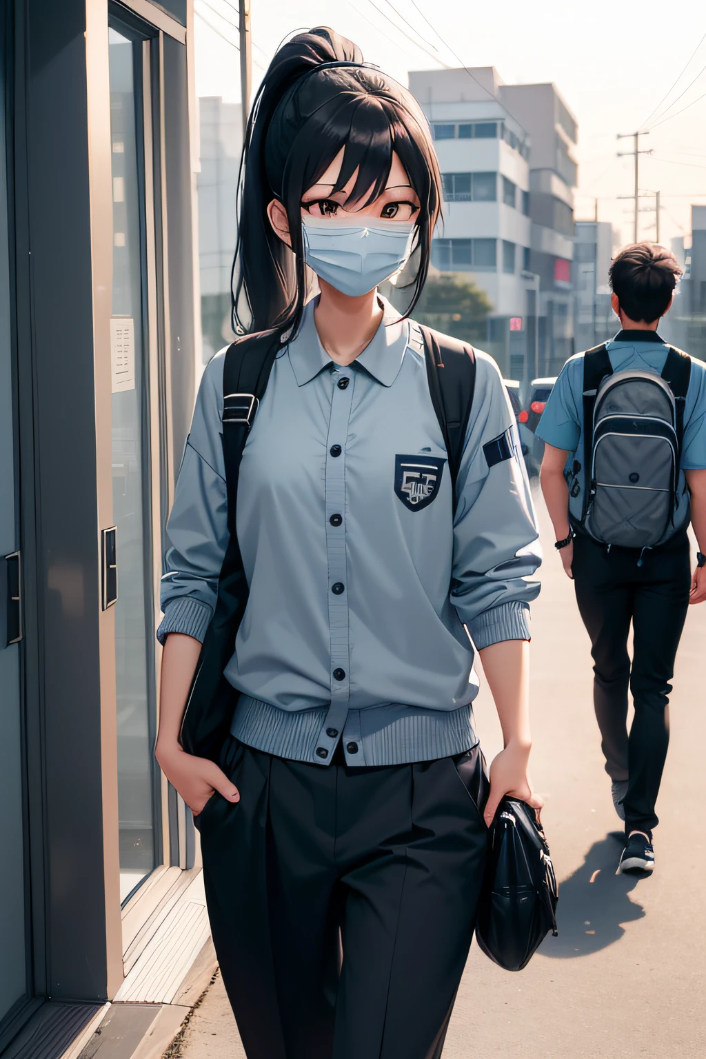 One has a ponytail(black color hair)Wearing(Light blue mask)He has fair skin and a long face and wears something that resembles a baseball uniform(Gray school uniform jacket)And a smiling female high school student wearing a buttoned shirt under her pants is walking home from school in the sunset(chineseidol)