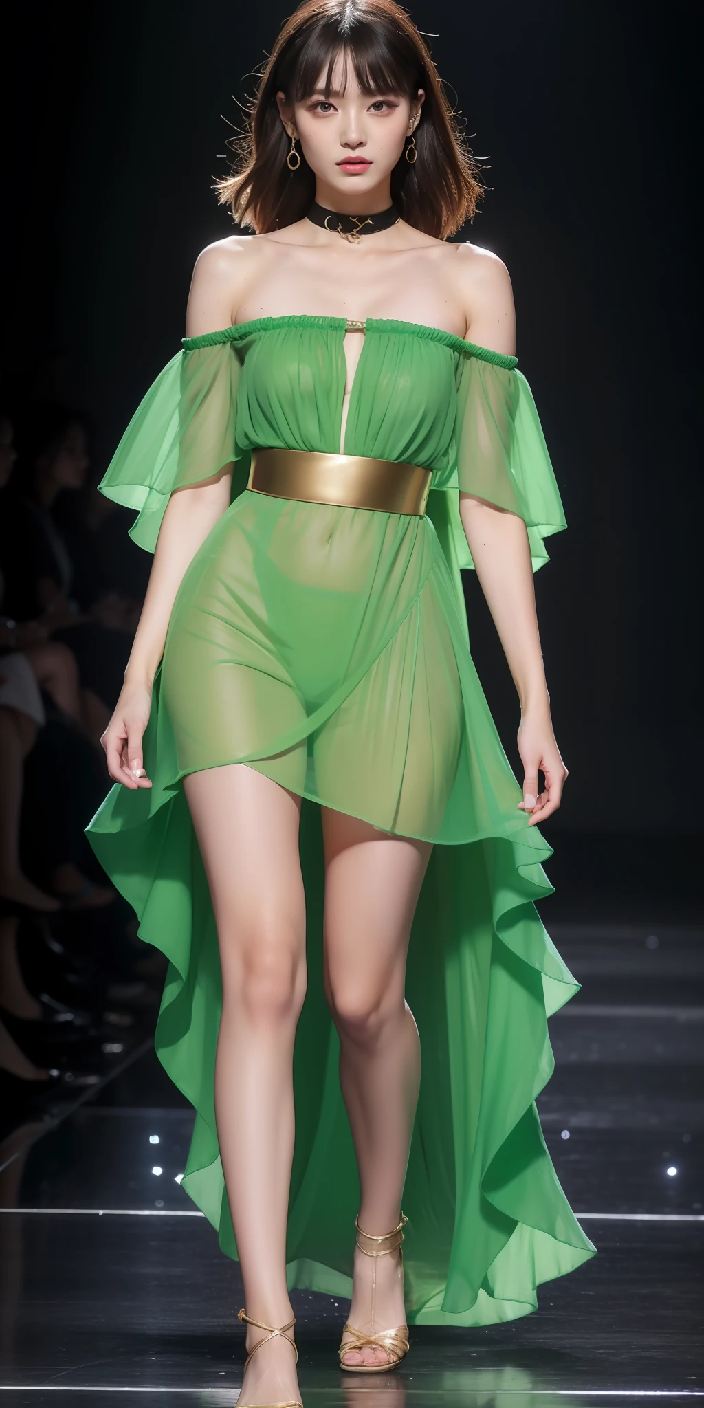 (Best quality, 8k, 32k, Masterpiece, UHD:1.2),Photo of Pretty Japanese woman, 1girl, (medium-short dark brown hair), double eyelid, fashion model,1.77meters, beautiful legs, unique maxi very wet light green dress with slit, off-shoulder, gold belt, choker, stand tall, runway, huge stage, Paris Collection, nsfw, full body, see through,,