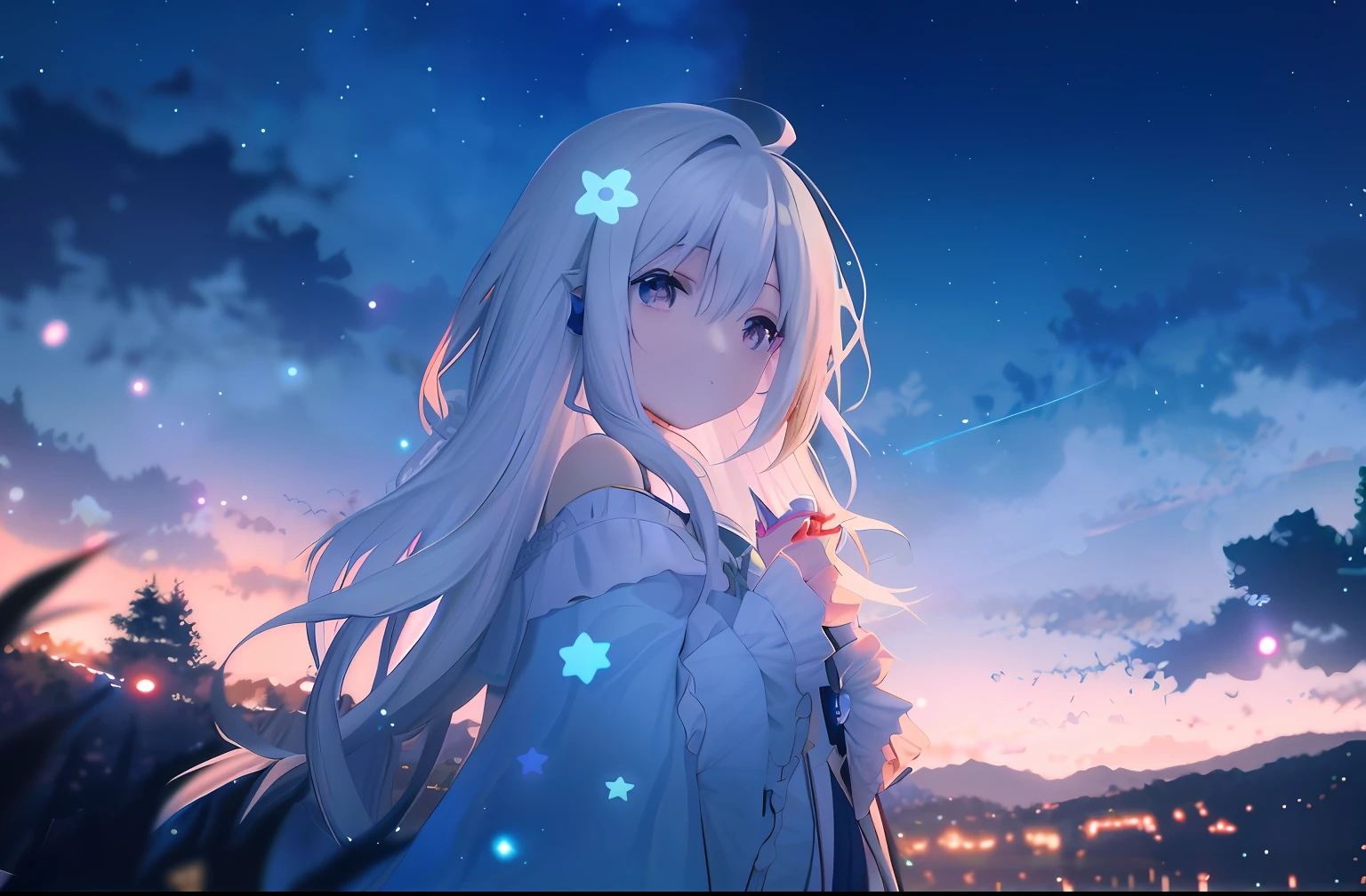 Anime girl with long white hair and stars in the sky, nightcore, Anime art wallpaper 8 K, style of anime4 K, Anime wallpaper 4K, Anime wallpaper 4 k, Anime art wallpaper 4 K, Anime art wallpaper 4k, 4K anime wallpaper, Girl with white hair, Anime style. 8K, anime girl with cosmic hair, Perfect white haired girl