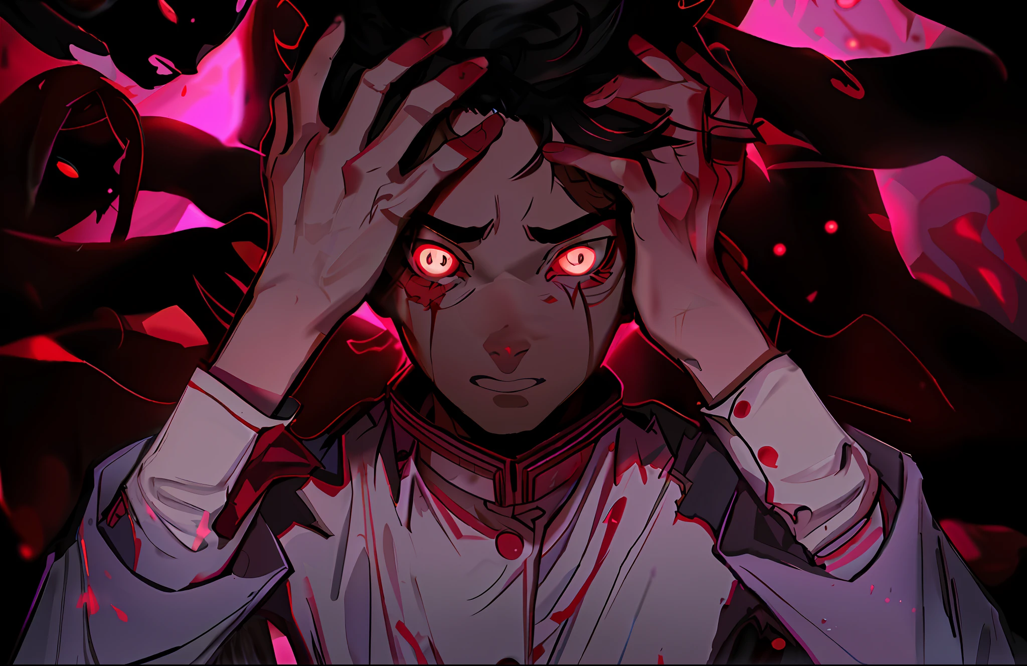 Anime characters with red eyes putting their heads in front of their faces, demon slayer artstyle, shalltear bloodfallen, with red glowing eyes, handsome guy in demon killer art, digital art from danganronpa, Demon Killer, yandere intricate, shalltear from overlord, demon slayer rui fanart, Kimetsu no yaiba, Sachin Teng