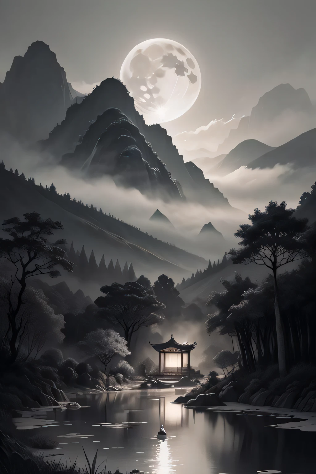 masterpiece,best quality,Chinese martial arts style,an asian night scene with lanterns and water lilies,asian pond with many lanterns and boatsa night scene with many lights and boats in the water, Lake surface, lotus flowers,beautiful night scene,(((Chinese martial arts style))), with vast sky, continuous mountains and steep cliffs, ink wash style, outline light, atmospheric atmosphere, depth of field, mist rising, bamboo, pine trees, octagonal stone pavilion, waterfall flowing water,big full moon,(No color) , Monochrome, light color,