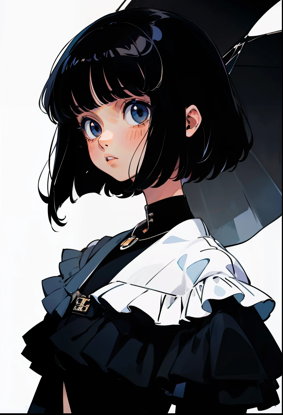 Black hair, 1Girl, Prada Clothing, Layered cut hair,