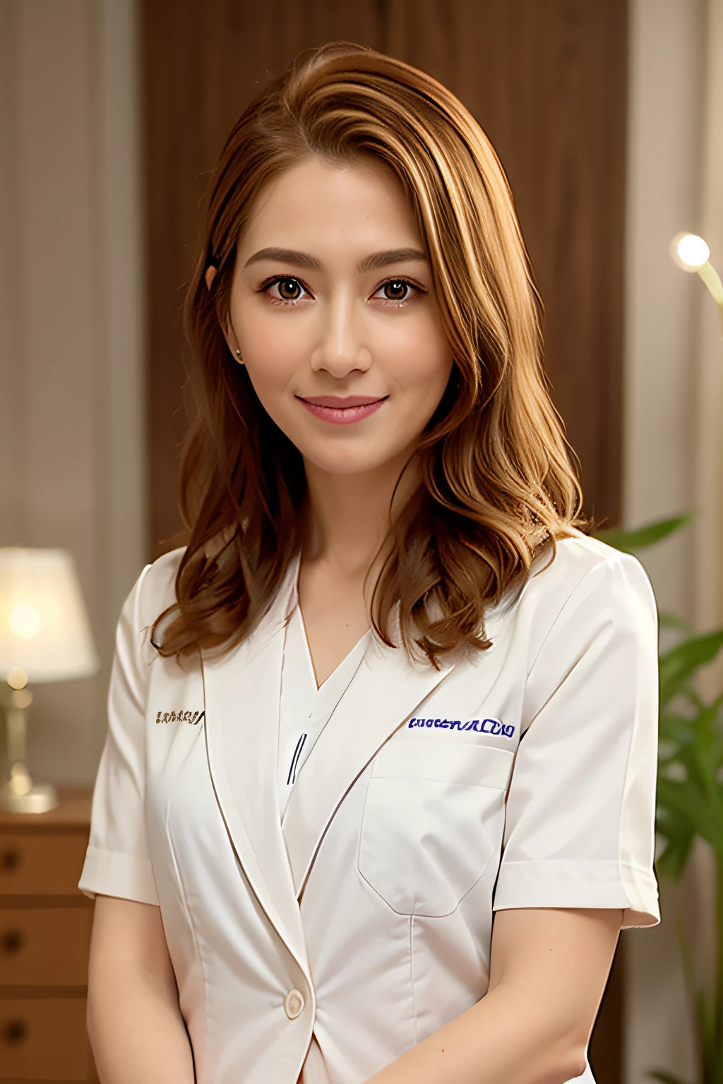 long blonde hair, light brown eyes, young woman, doctor, slender, cute, innocent, (photorealistic, lens flare:1.4), look at viewer, facing viewer, (shiny skin), dreamlike, doctor, uniform, (intricate details:1.2),(masterpiece, :1.3),(best quality:1.4), (ultra highres:1.2), cinema light, ultra high res, (detailed eyes), (detailed facial features), HDR, 8k resolution, full body, hospital, (Stethoscope: 1.6)