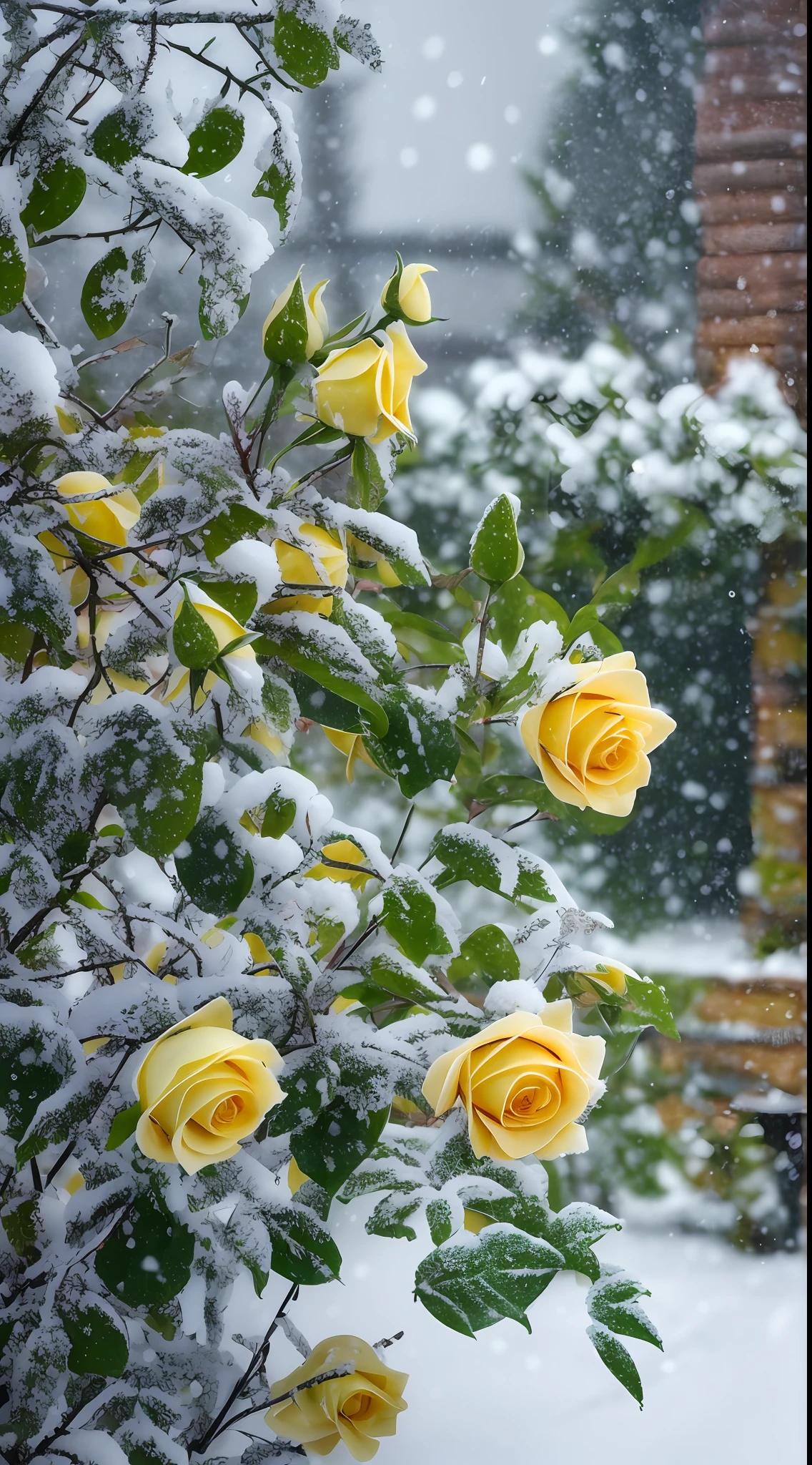 On snowy days, yellow roses are covered with snow, The green leafy petals are covered with dust and snow, There are frozen flowers around, Gentle snow, Still life with snow, in snow, during snowfall, roses in cinematic light