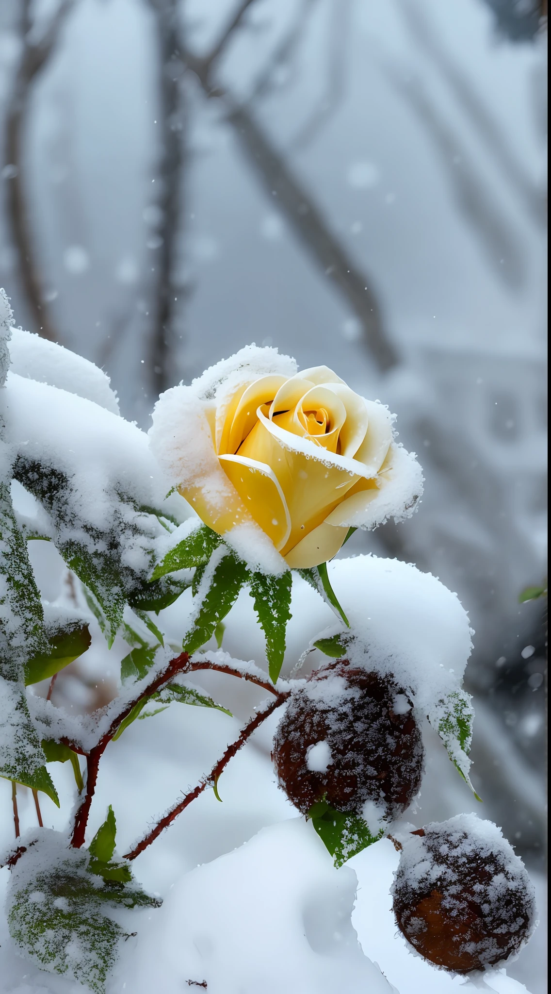 On snowy days, yellow roses are covered with snow, The green leafy petals are covered with dust and snow, There are frozen flowers around, Gentle snow, Still life with snow, in snow, during snowfall, roses in cinematic light