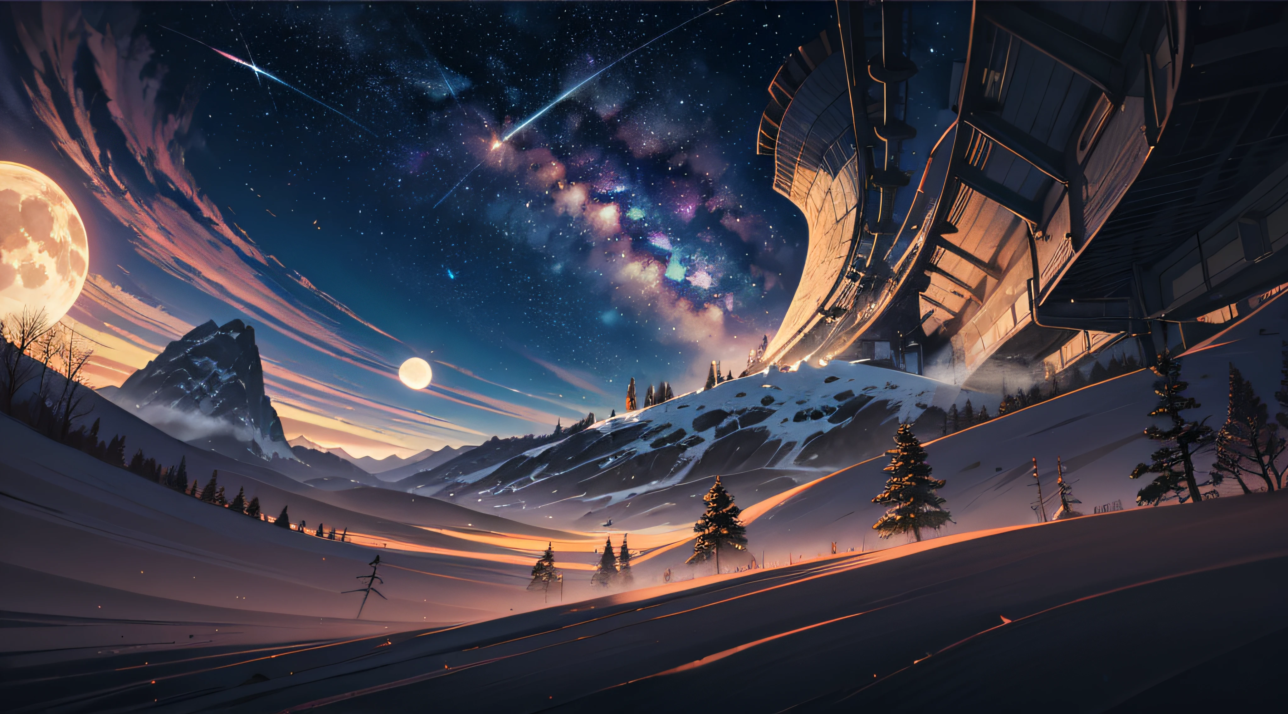 Expansive landscape photograph,(moon full:1.2),(meteors:0.9),(Starcloud:1.3),(Warm light source:1.2),(glowworm:1.2),lamp lights,Lots of purple and orange,Complicated details,Volumetriclighting,Realism BREAK(tmasterpiece:1.2),(best qualtiy),8K,Ultra-detailed,(dynamic compositions:1.4),The is very detailed,Colorful details,(Irridescent color:1.2),(luminouslighting,Atmospheric lighting),dream magical,magical,(独奏:1.2),((best qualtiy)), ((tmasterpiece)), (the detail:1.4),depth of fields,maximum definition and sharpness,perfectly proportions,Fluttering clouds,Wallpapers