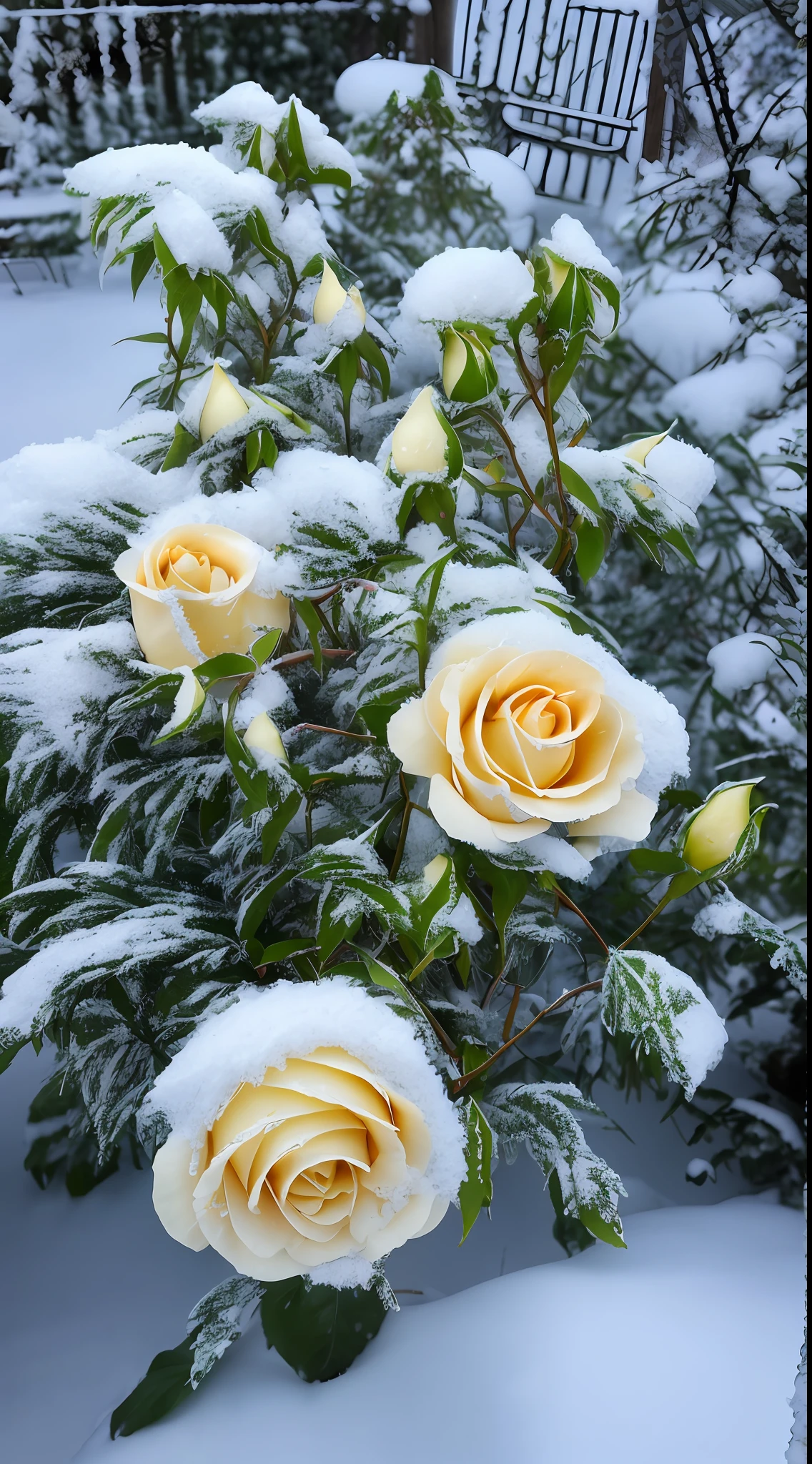 On snowy days, yellow roses are covered with snow, The green leafy petals are covered with dust and snow, There are frozen flowers around, Gentle snow, Still life with snow, in snow, during snowfall, roses in cinematic light