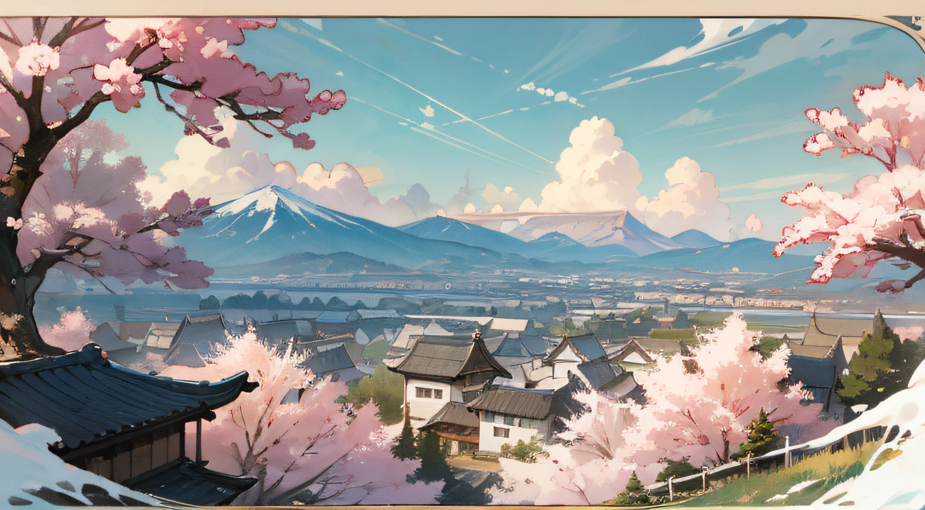 outdoor in the golden hour, Background Ghibli style village, From a hilltop overlooking an old Japanese village on a saturated spring day, midst of blooming Sakura trees creating a sea of pastel pink. In far-off distance, snow-capped mountains stand tall beneath clear azure skies, anime background art, landscape wallpaper, blurry foreground, empty, clean lines, serene, intricate details, (fujifilm 16k) ,hyperrealistic, intricate detail, autolevel, dark, art nouveau, dramatic, desaturated, (expansive), intricate